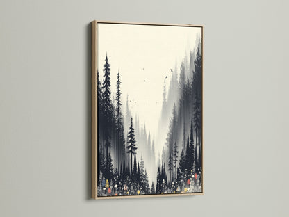 A captivating forest canvas print showcased in an oak frame. The misty woodland art brings nature indoors. Its black and white tones create a serene atmosphere. Ideal nature artwork for minimalist or contemporary spaces. Discover woodland art for your home.