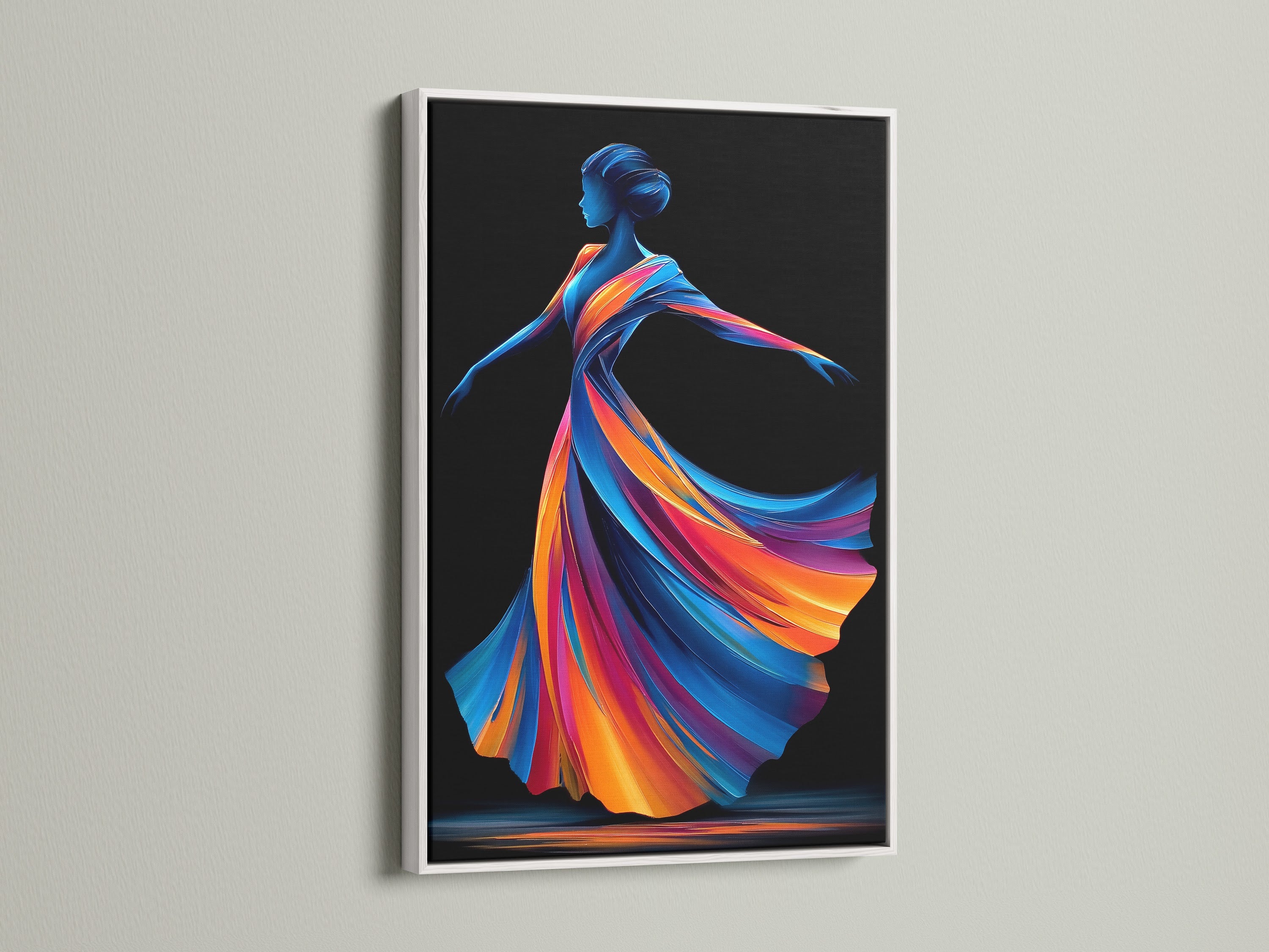 The Dancing Woman artwork is presented in a white frame. This frame provides a clean modern look. The piece features a colorful abstract figure. It is perfect for brightening up bedroom wall decor. Explore rainbow wall art.