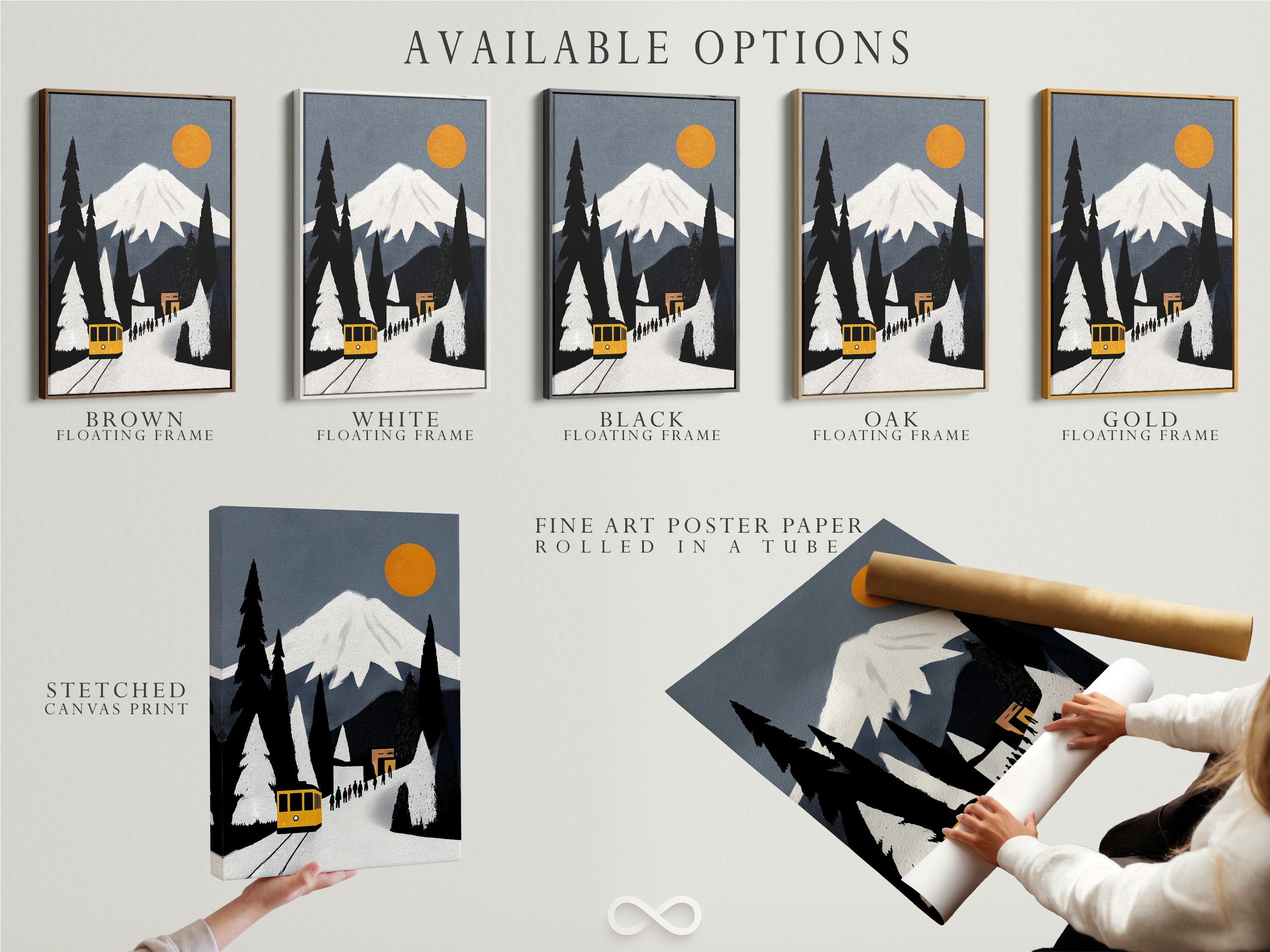 Available options for the Mountain Train artwork include stretched canvas print fine art poster paper and floating frame. Choose the perfect format for this vintage travel poster art and alpine railway art.