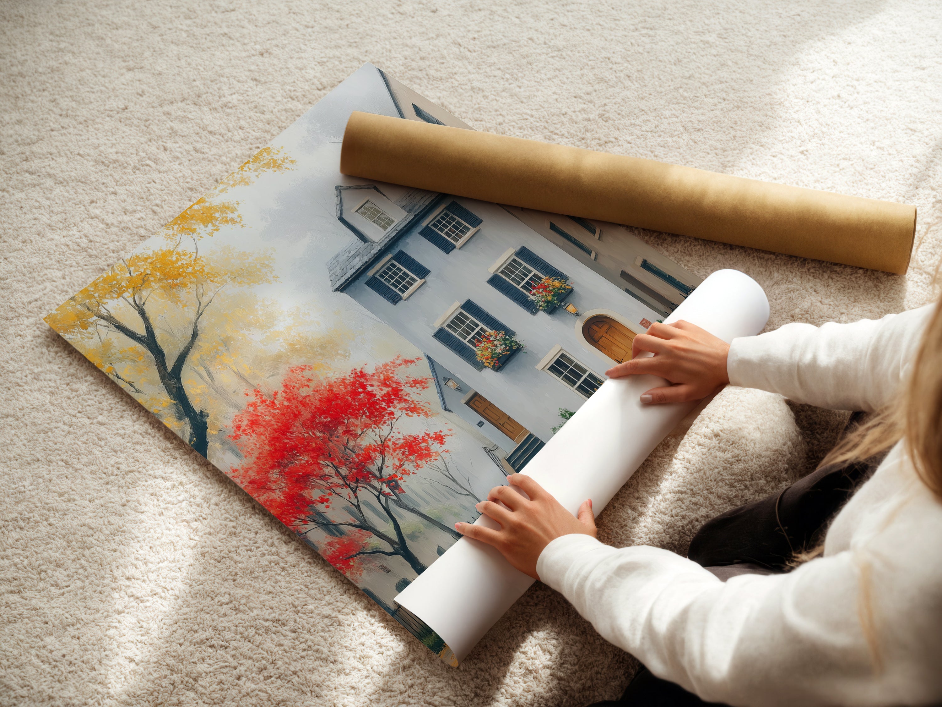 A woman carefully rolls a fine art poster paper. The paper features Charleston art. It will soon become a cityscape print. The historic building will be captured in autumn colors. This city wall art will bring architecture decor. Perfect for adding southern charm to any home.