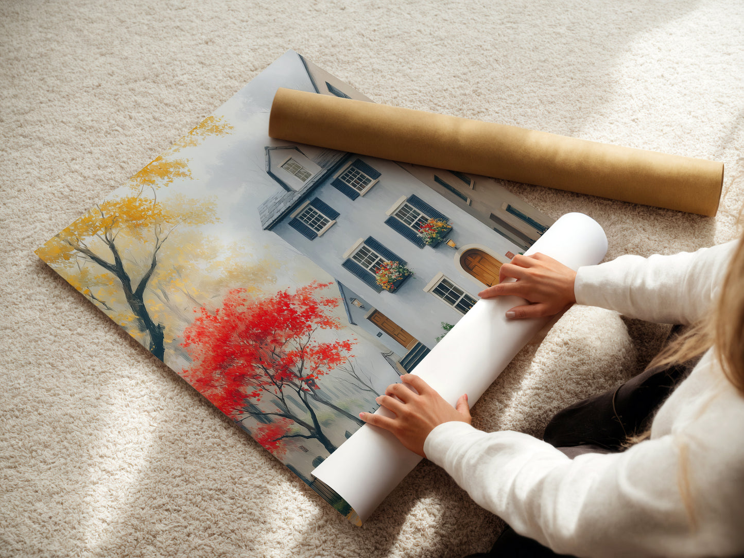 A woman carefully rolls a fine art poster paper. The Charleston architecture artwork is being prepared. The cityscape print will soon be ready for framing. This fine art poster paper ensures high quality reproduction. Perfect for adding historic building art to your home.