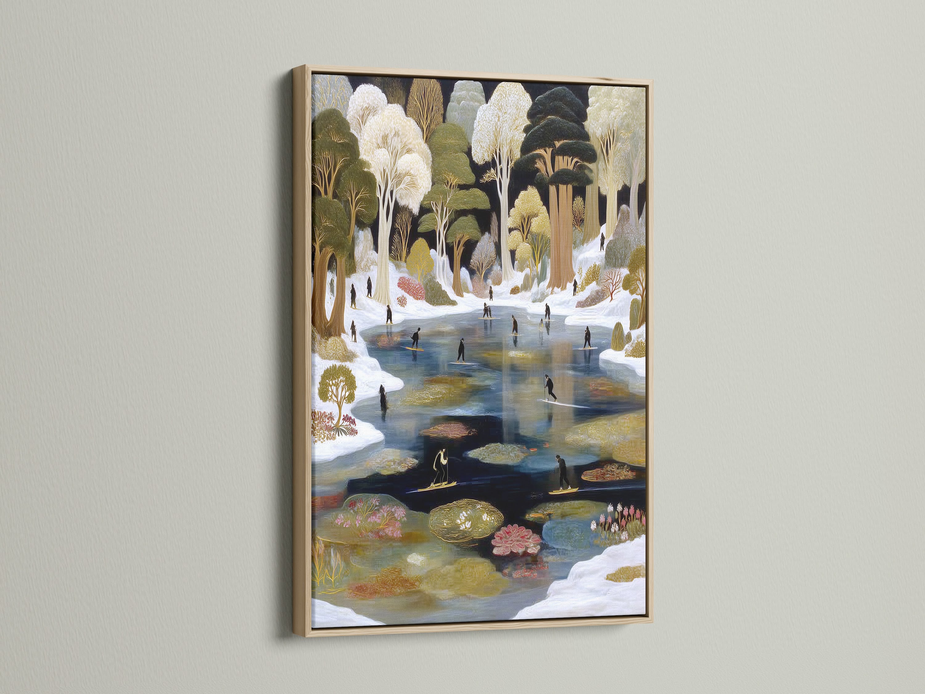 The Winter Pond art is showcased in an oak frame. This vintage ice skating print adds a rustic touch. The folk art canvas enhances bohemian and eclectic styles. Ideal for living rooms and offices.