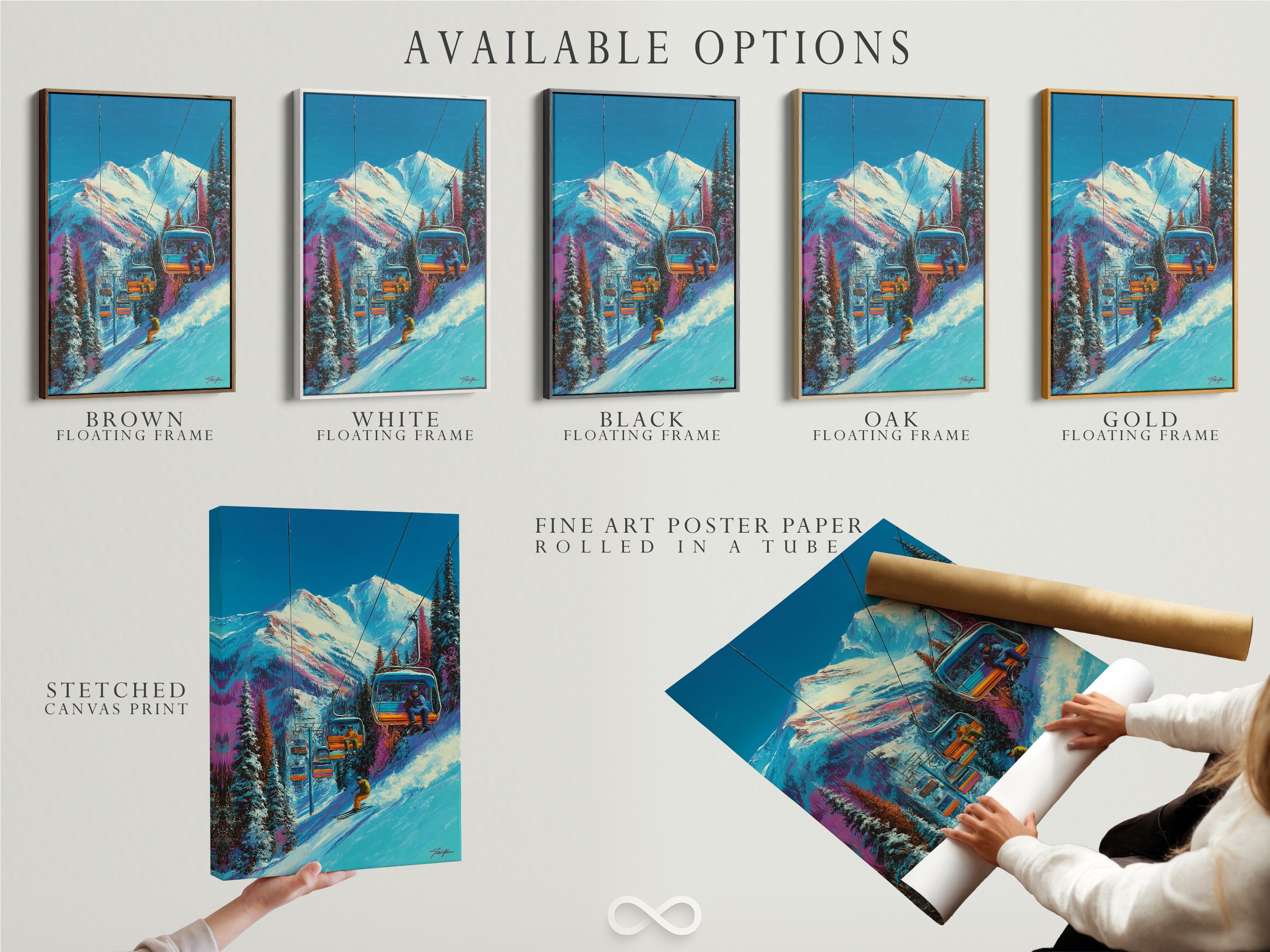 Available options for the Ski Lift artwork. Choose from a stretched canvas print. Also available is fine art poster paper and a floating frame. Customize your winter wall art to match your style. Add a retro touch.