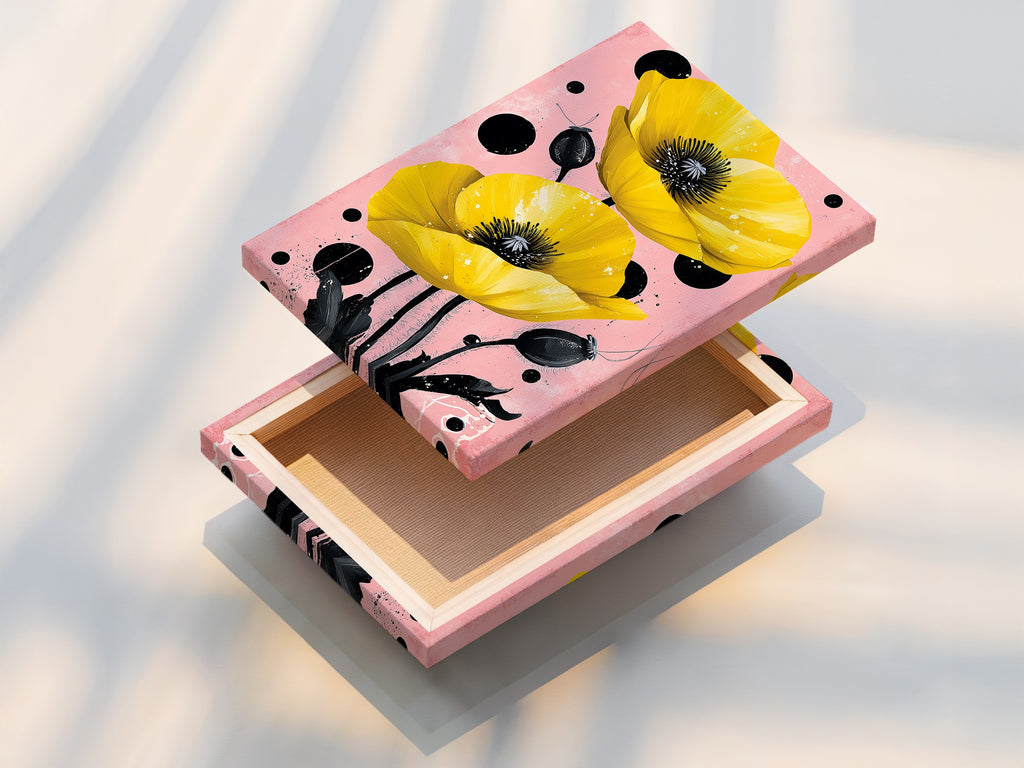 A stretched canvas print of the Yellow Poppy artwork. This floral wall art is ready to hang. It will bring botanical beauty to your bedroom decor. The pink and black colors offer a modern touch. Sturdy and stylish.