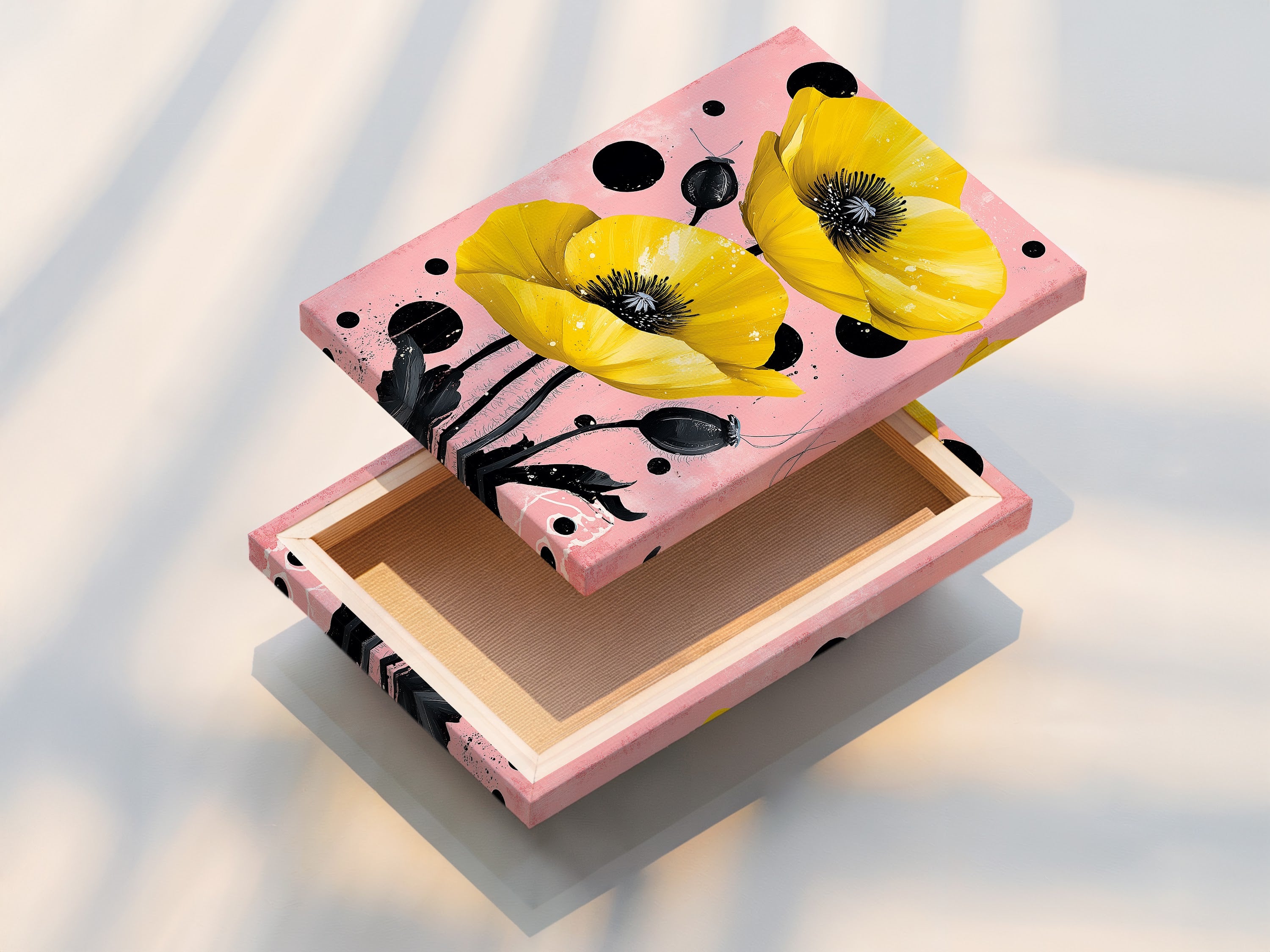 A stretched canvas print of the Yellow Poppy artwork. This floral wall art is ready to hang. It will bring botanical beauty to your bedroom decor. The pink and black colors offer a modern touch. Sturdy and stylish.