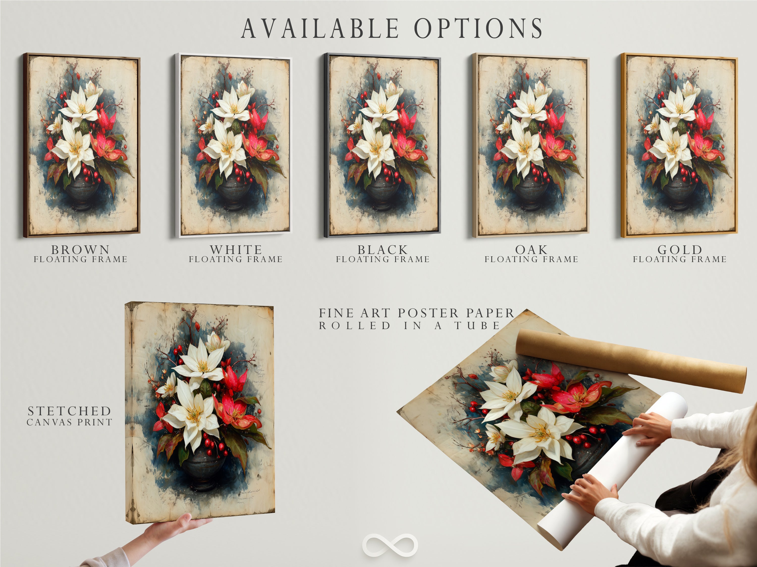 Available options include a stretched canvas print fine art poster paper and floating frame featuring poinsettia artwork. Select your preferred style for this red and white flower art. Perfect for holiday decor or dining room art. A vintage botanical print.