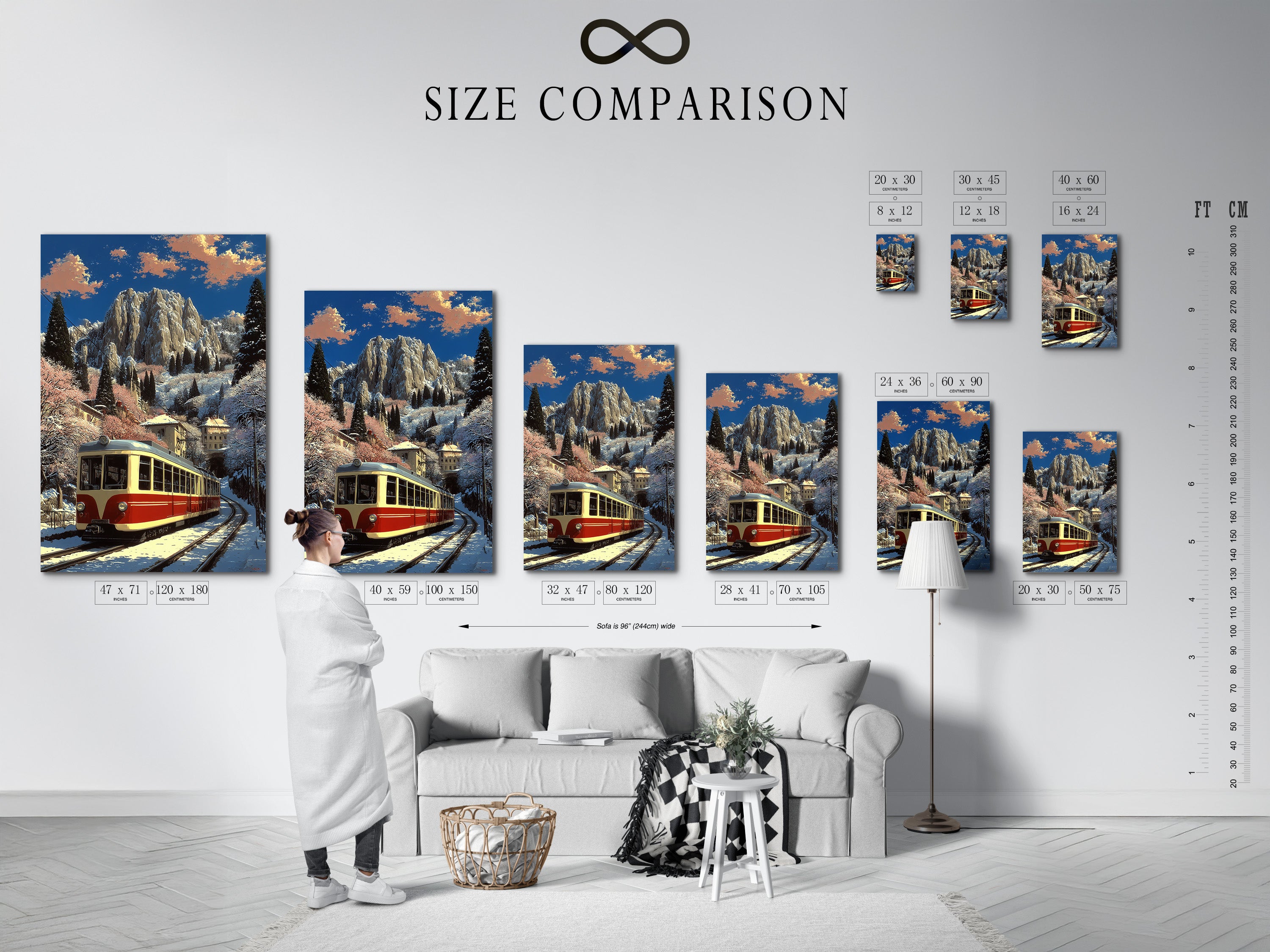 A size comparison chart in an interior setting. The chart shows various sizes of vintage train artwork. Options include canvas prints and framed posters. Find the perfect size for your space.