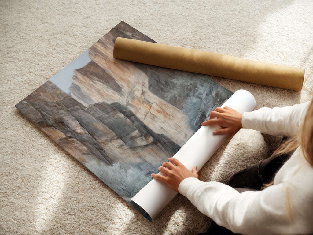 A woman carefully rolling a fine art poster paper print. The poster features a Canyon River desert landscape. This nature painting is perfect for art lovers. Fine art poster paper ensures high-quality prints. Shop now for Southwestern decor. Bring earth tone art into your home or office today.