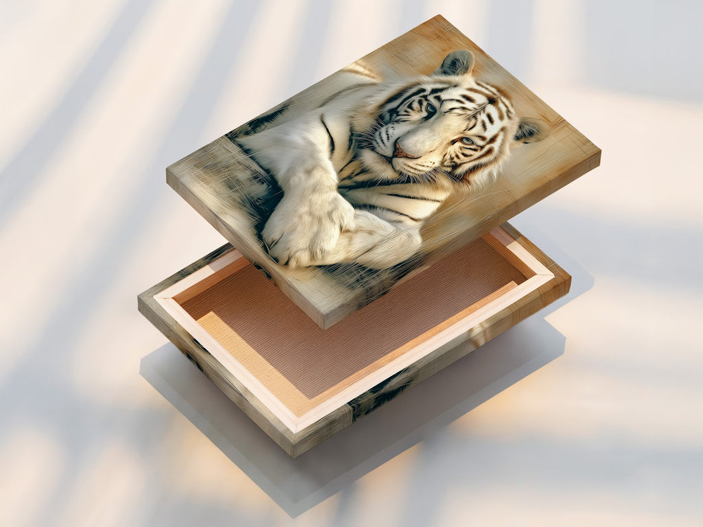 A stretched canvas print featuring majestic white tiger artwork. This big cat wall art is ready to hang and enjoy. The wildlife canvas print transforms your space with safari animal art.