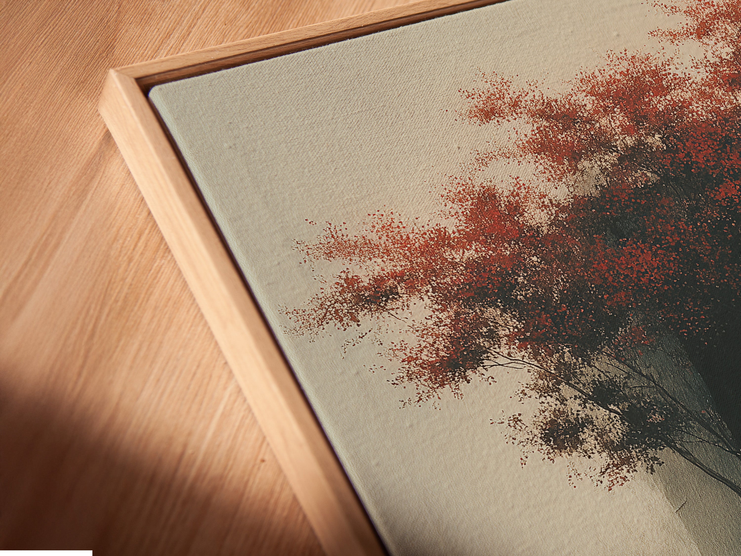 A close-up angled view of a canvas print in a floating frame. The floating frame gives the artwork a modern and elegant look. The canvas print adds texture and depth. Perfect for showcasing art in a contemporary style. Enhance your art collection with our unique framed prints.