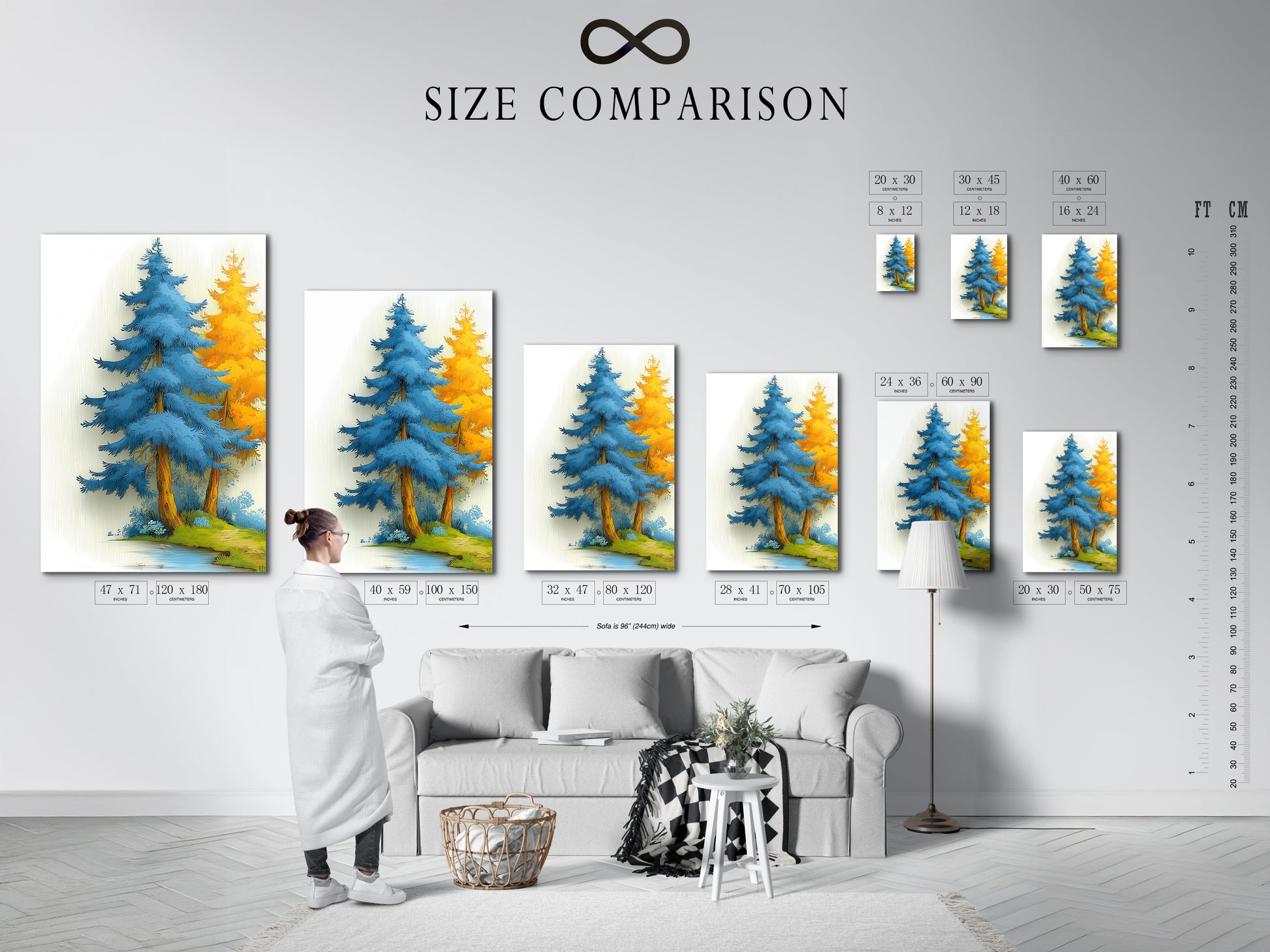 A size comparison chart shows the Blue Forest artwork in various sizes. The chart helps visualize the artwork in different spaces. Choose the perfect size for your wall. The size options cater to various needs. This modern artwork can fit any room. Find the ideal dimensions for your decor. Make an informed decision with this helpful chart.