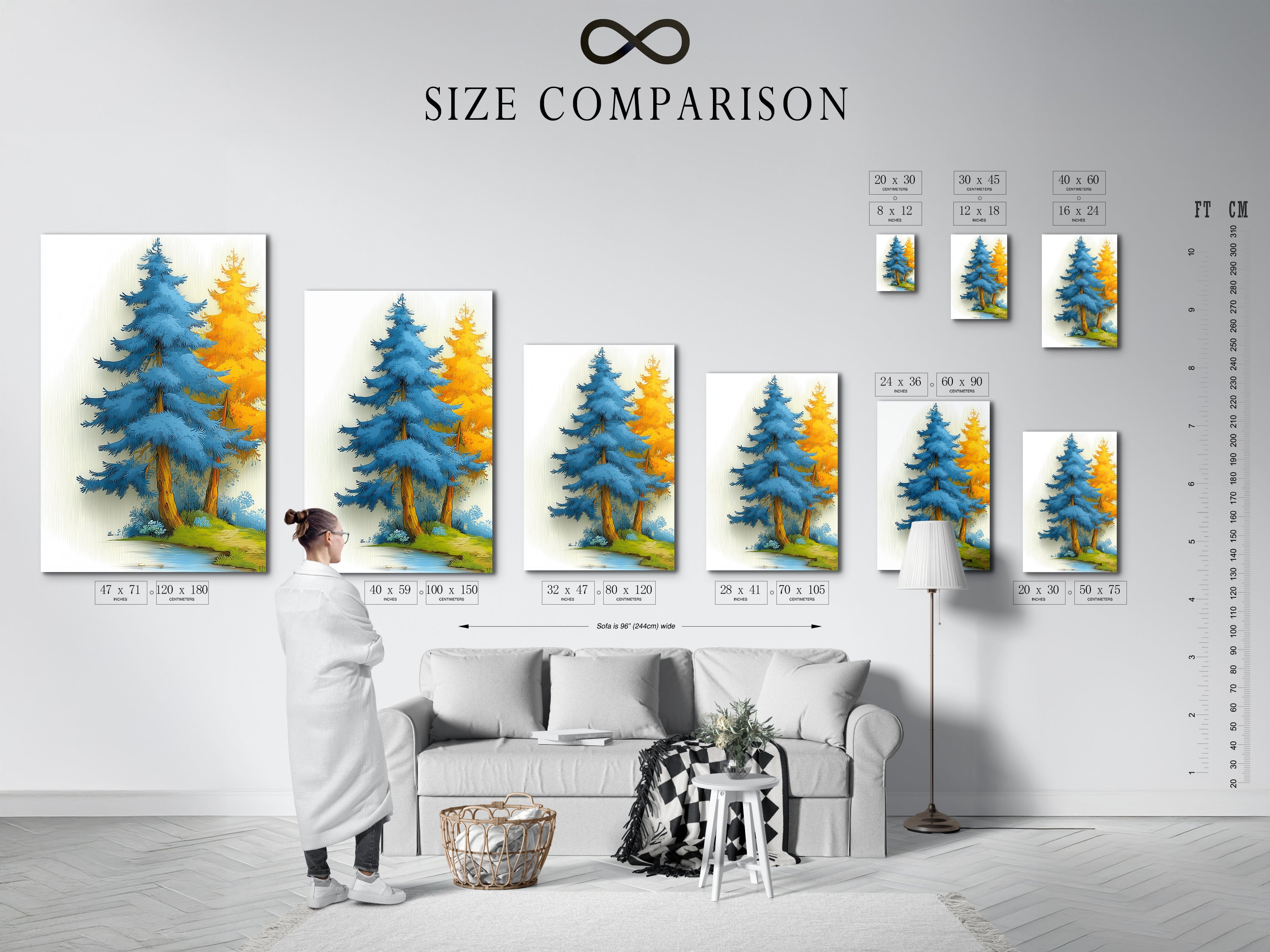 A size comparison chart shows the Blue Forest artwork in various sizes. The chart helps visualize the artwork in different spaces. Choose the perfect size for your wall. The size options cater to various needs. This modern artwork can fit any room. Find the ideal dimensions for your decor. Make an informed decision with this helpful chart.