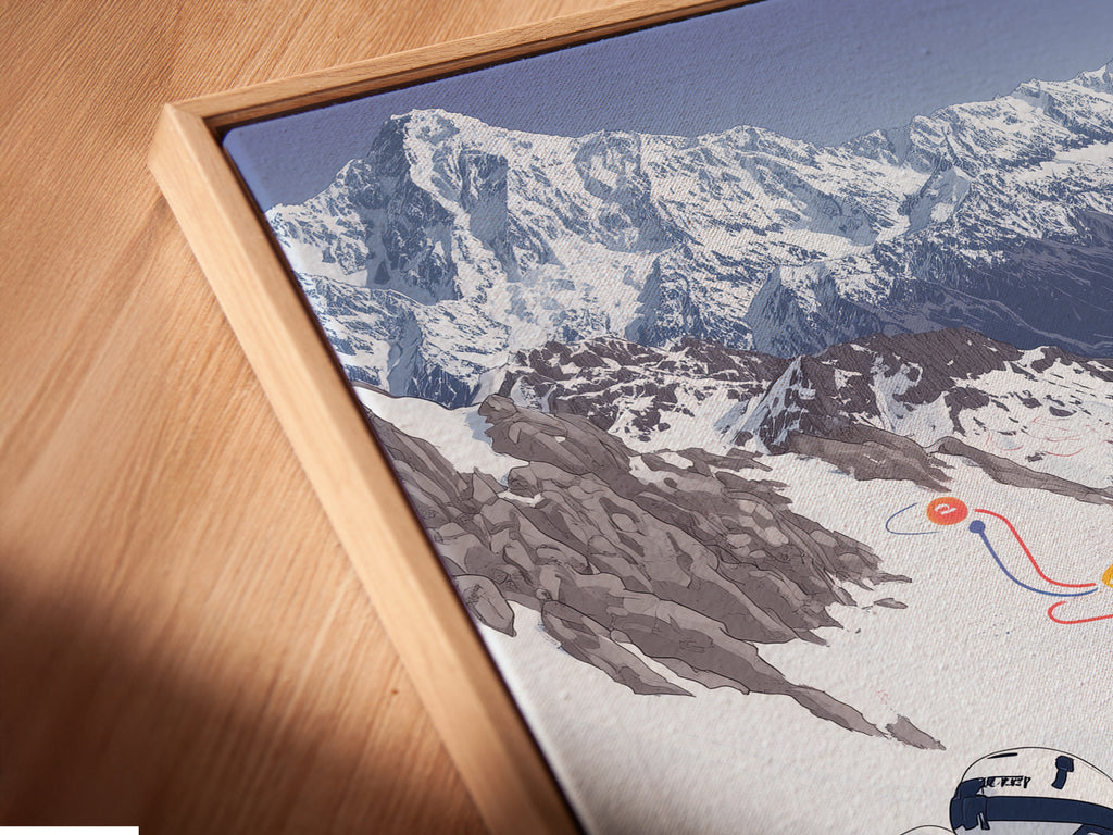 A close-up angled view of a canvas print in a floating frame. The skiing Mountain artwork is displayed beautifully. The floating frame adds depth and dimension to the piece. The winter sport artwork enhances any room. This is perfect for modern minimalist or chalet styles. A must-have for art lovers.