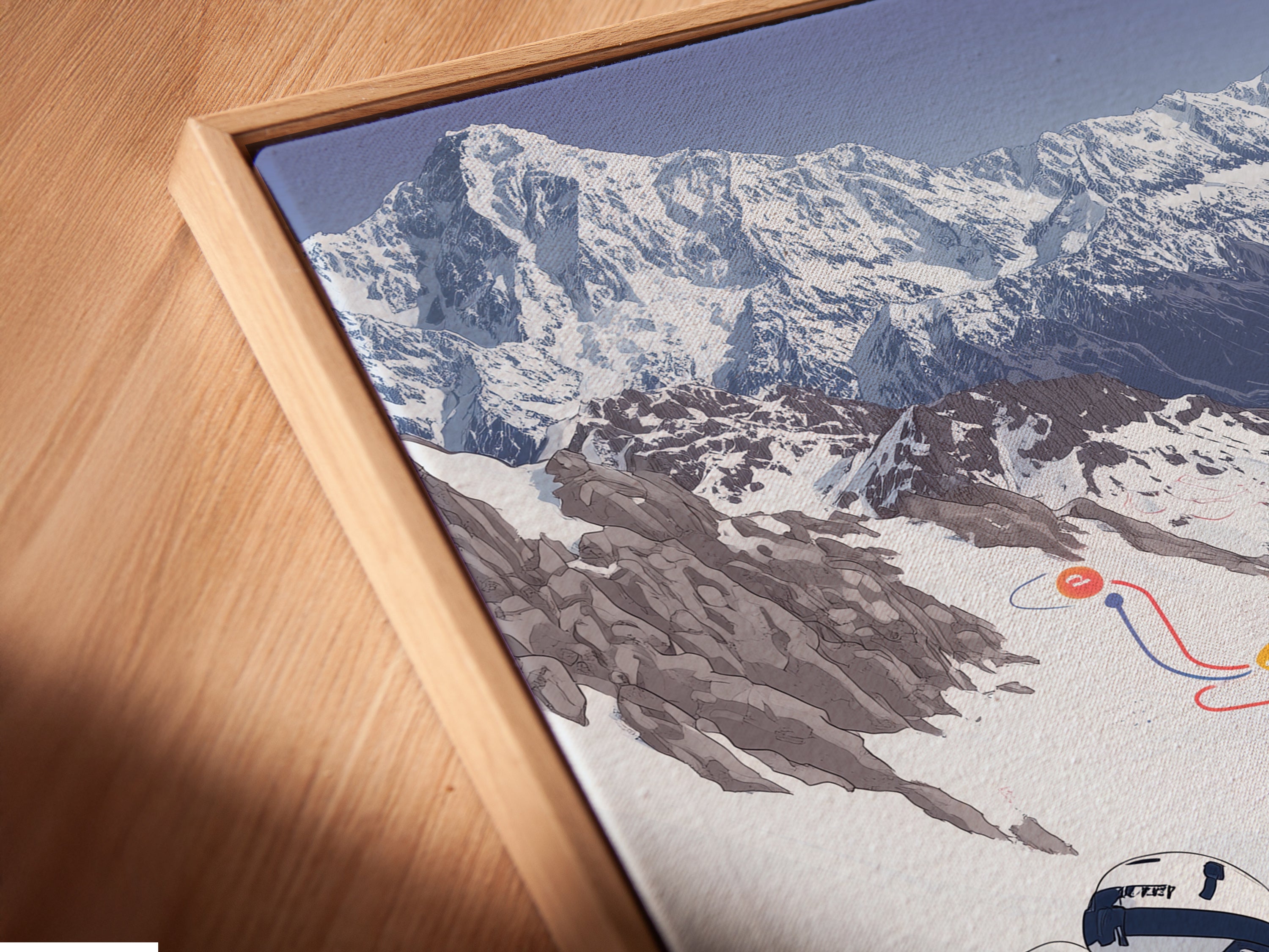 A close-up angled view of a canvas print in a floating frame. The skiing Mountain artwork is displayed beautifully. The floating frame adds depth and dimension to the piece. The winter sport artwork enhances any room. This is perfect for modern minimalist or chalet styles. A must-have for art lovers.