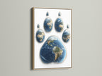 Oak frame showcasing unique artwork. The art shows a paw print made of Earths. The oak frame provides a classic and timeless look. This artwork brings a touch of nature indoors. It's a great conversation starter. Enhance your home decor with this eye-catching piece.