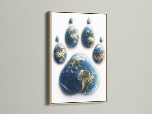 Oak frame showcasing unique artwork. The art shows a paw print made of Earths. The oak frame provides a classic and timeless look. This artwork brings a touch of nature indoors. It's a great conversation starter. Enhance your home decor with this eye-catching piece.