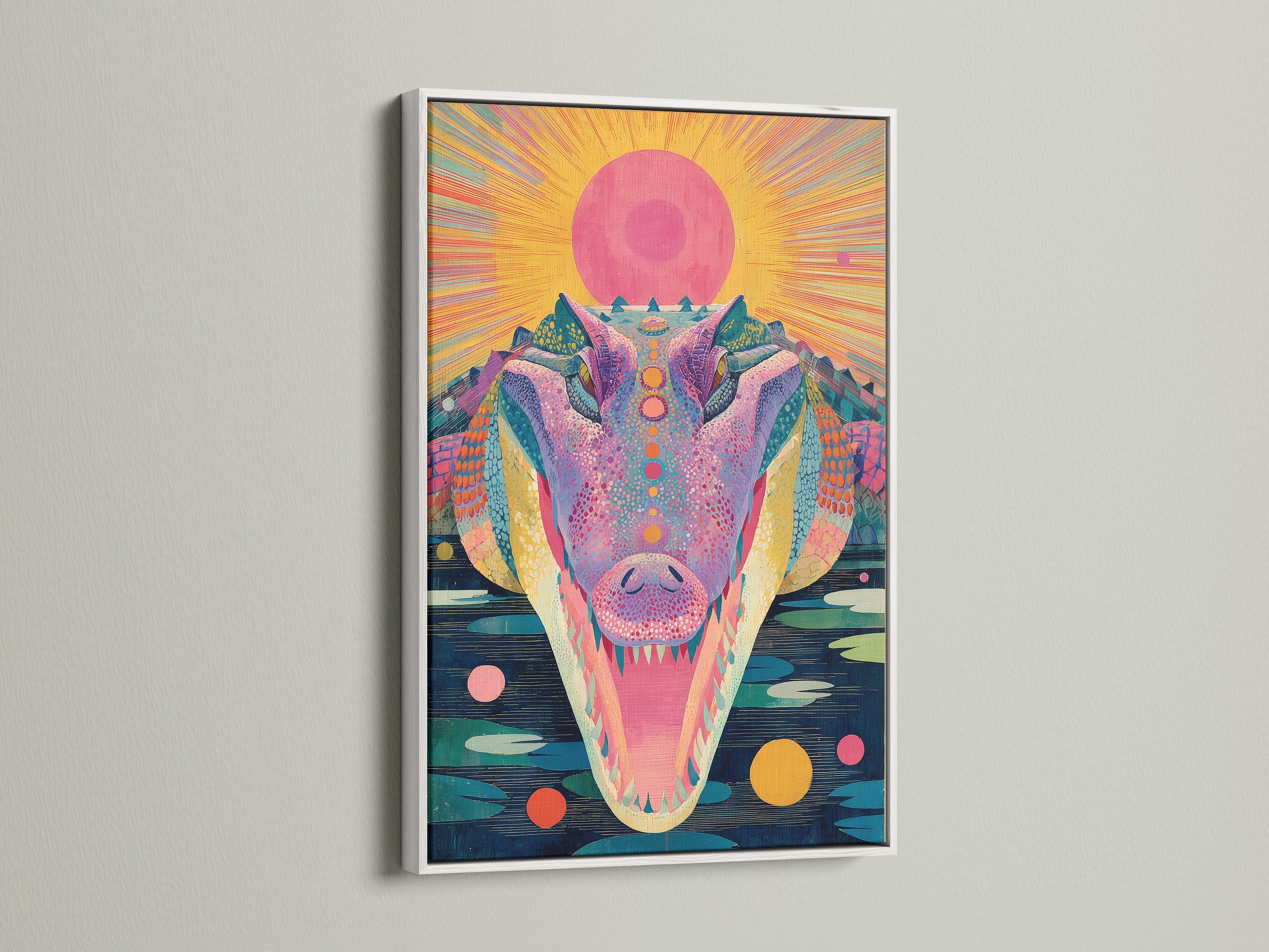 Psychedelic Alligator Art Print - Colorful Reptile Wall Art, Trippy Animal Poster, Retro Sun Design, Vibrant Home Decor