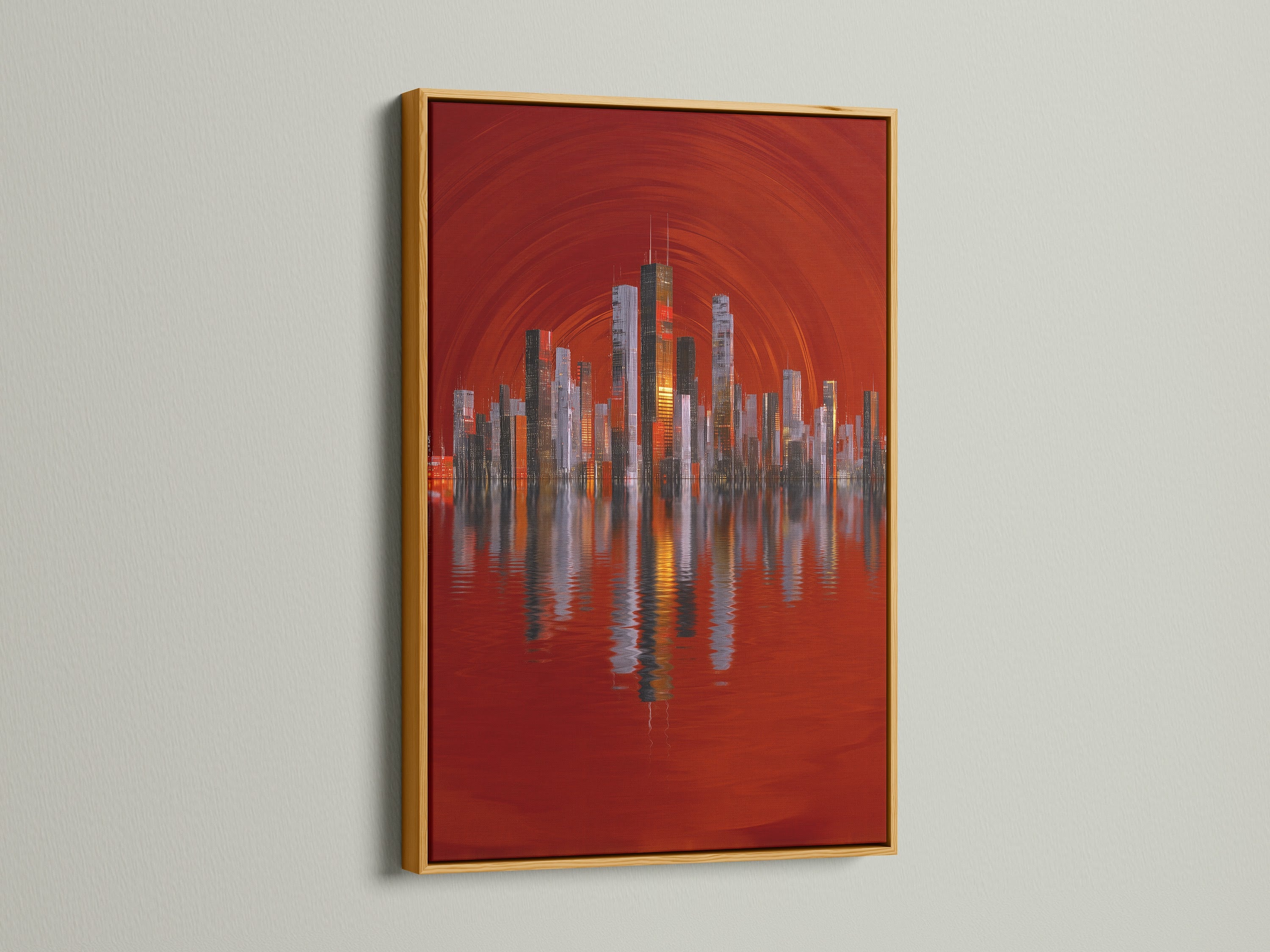 A gold frame presents a luxurious city skyline artwork. The red abstract urban art adds elegance. This cityscape wall art complements any sophisticated space. Its architectural artwork that exudes style. Perfect for office decor.