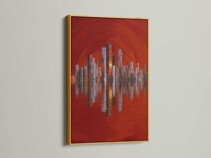 A gold frame presents a luxurious city skyline artwork. The red abstract urban art adds elegance. This cityscape wall art complements any sophisticated space. Its architectural artwork that exudes style. Perfect for office decor.