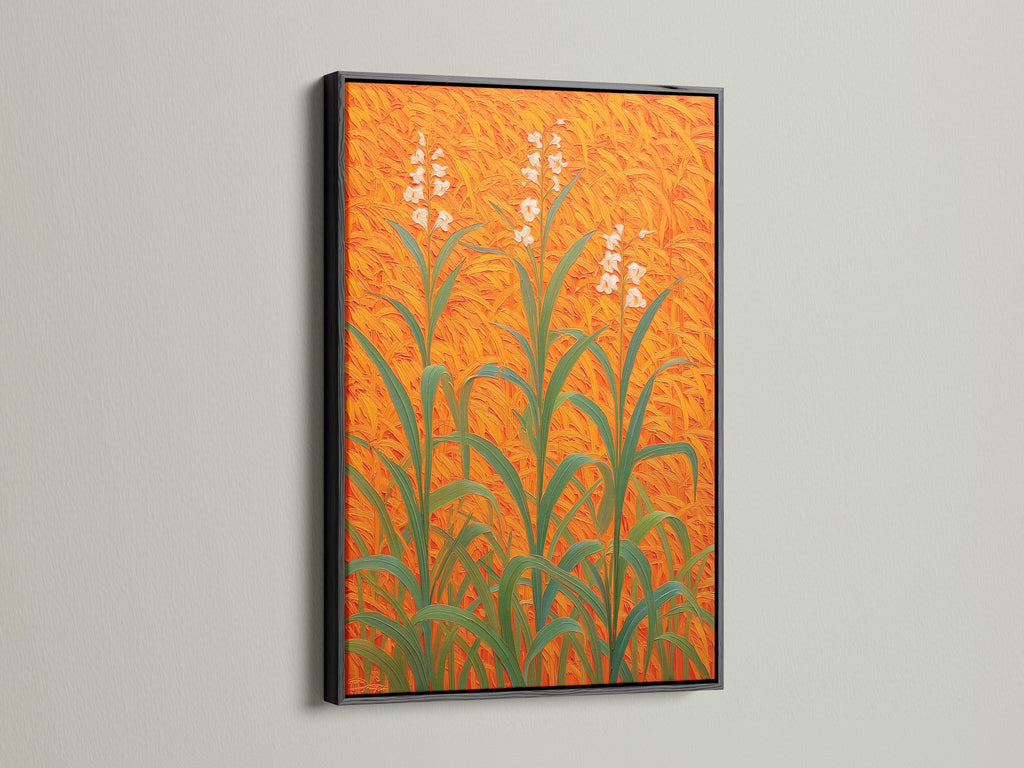 Floral Field Canvas artwork displayed in a black frame. This botanical print with orange wall art makes a statement. The plant artwork is a modern art print. Perfect for unique entryway decor. This floral wall decor stands out. The field art print on botanical canvas adds sophistication. Enhance your space with this orange home decor.
