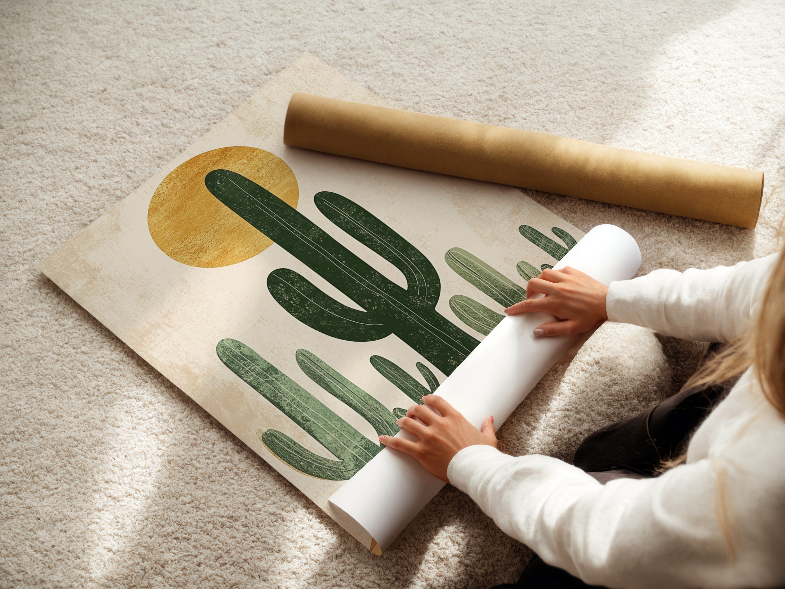 A woman is carefully rolling a fine art poster paper print. The print features a desert landscape artwork. The poster paper allows for easy handling and framing. This is a great option for those who prefer to customize their display. The artwork is protected during shipping and handling.