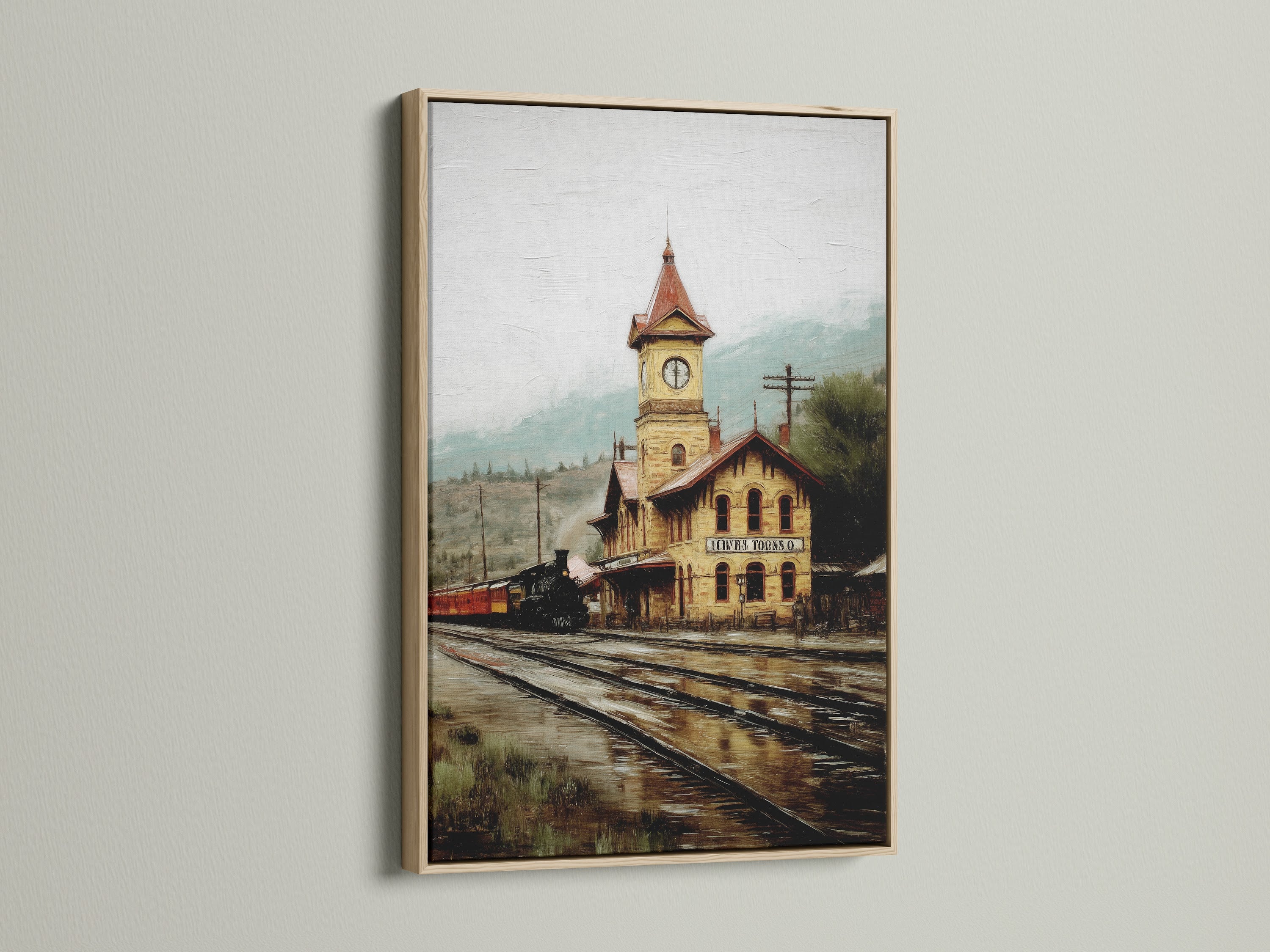Vintage train station artwork with an oak frame. The sepia-toned railway canvas print brings antique charm to your space. The oak frame enhances the historic building. Perfect wall art for study or office. Explore vintage architecture with our framed art. Great for history enthusiasts and antique artwork collectors.