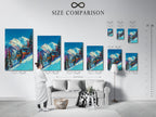 Size comparison chart in an interior setting. The chart shows different sizes of Ski Resort Canvas Art. The artwork features a mountain chairlift. This winter sports poster is perfect for cabin decor. Choose the right size for your space. Elevate your walls.