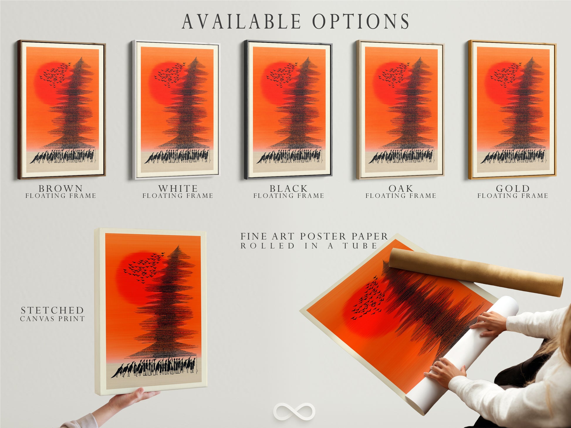 Available options for the Abstract Sunset artwork are displayed. Choose from a stretched canvas print fine art poster paper or floating frame. Customize your art to match your style. Shop now for your perfect artwork.