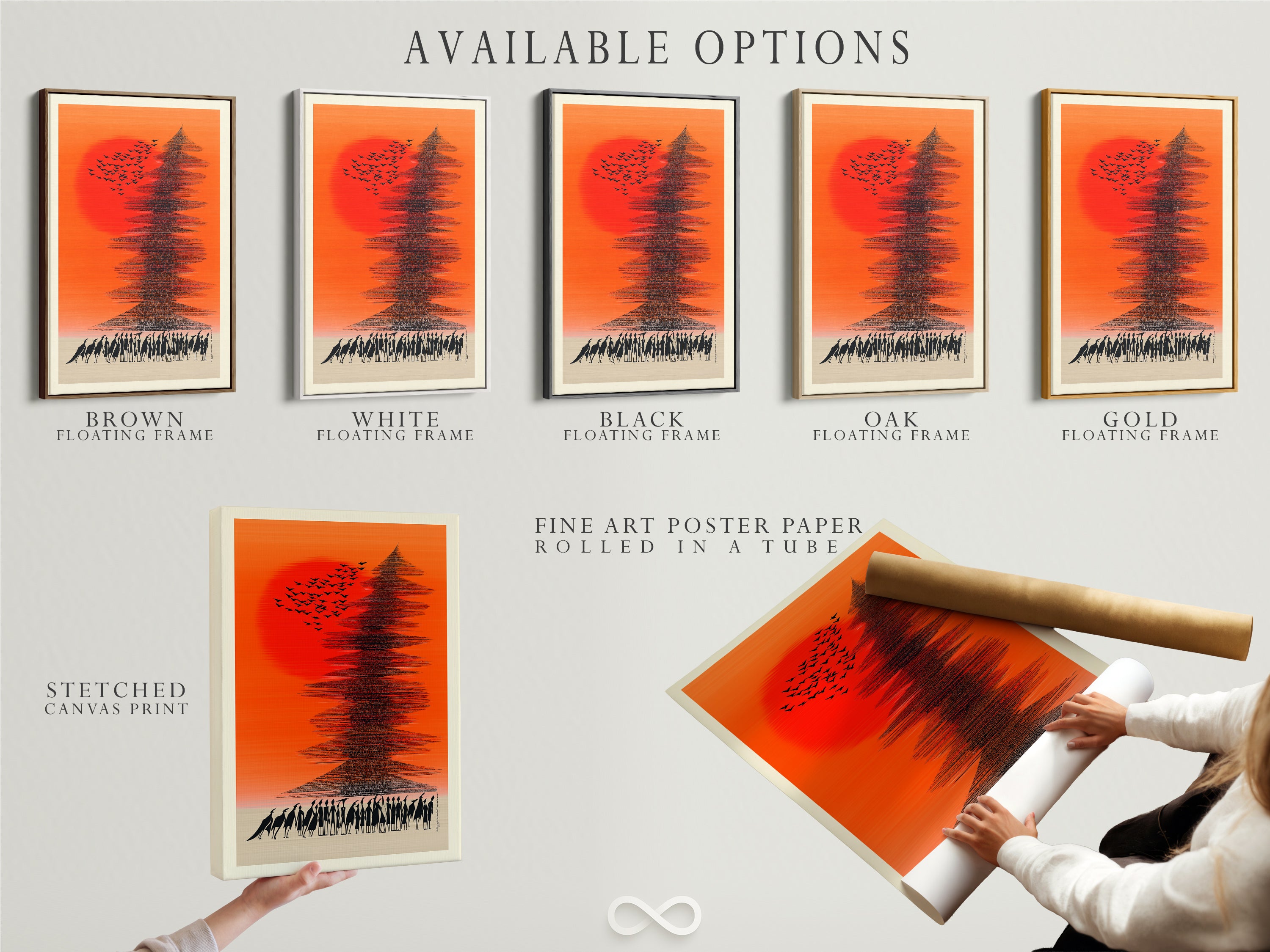 Available options for the Abstract Sunset artwork are displayed. Choose from a stretched canvas print fine art poster paper or floating frame. Customize your art to match your style. Shop now for your perfect artwork.