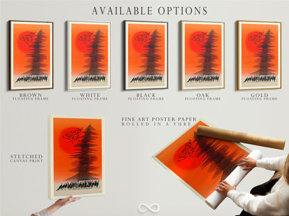 Available options for the Abstract Sunset artwork are displayed. Choose from a stretched canvas print fine art poster paper or floating frame. Customize your art to match your style. Shop now for your perfect artwork.