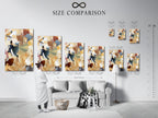 A size comparison chart displayed in an interior setting. The chart shows various sizes of art prints and frames. Visualize art in your space with our size guide. Choose the perfect size for your artwork needs. Find the ideal fit.