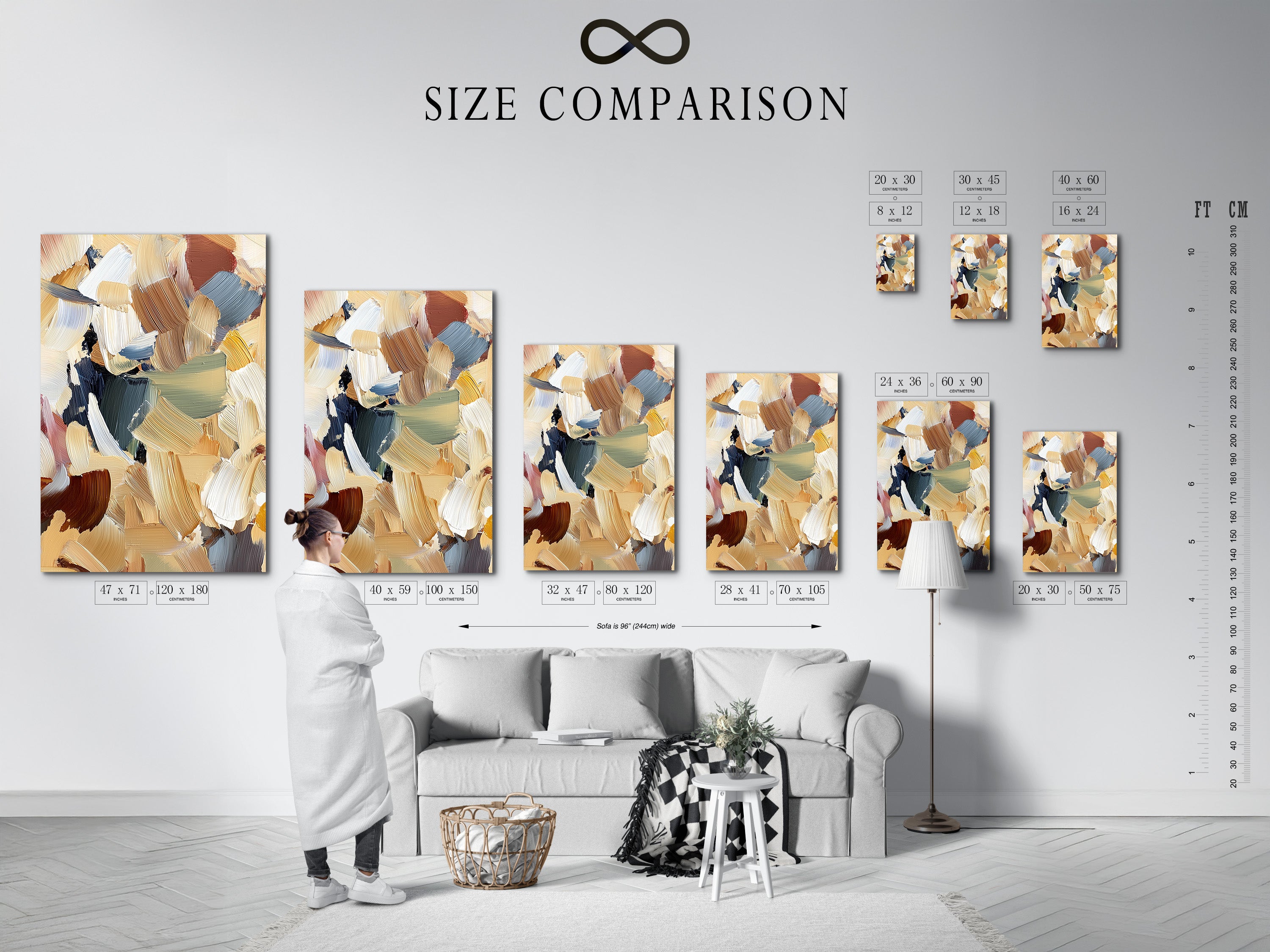 A size comparison chart displayed in an interior setting. The chart shows various sizes of art prints and frames. Visualize art in your space with our size guide. Choose the perfect size for your artwork needs. Find the ideal fit.