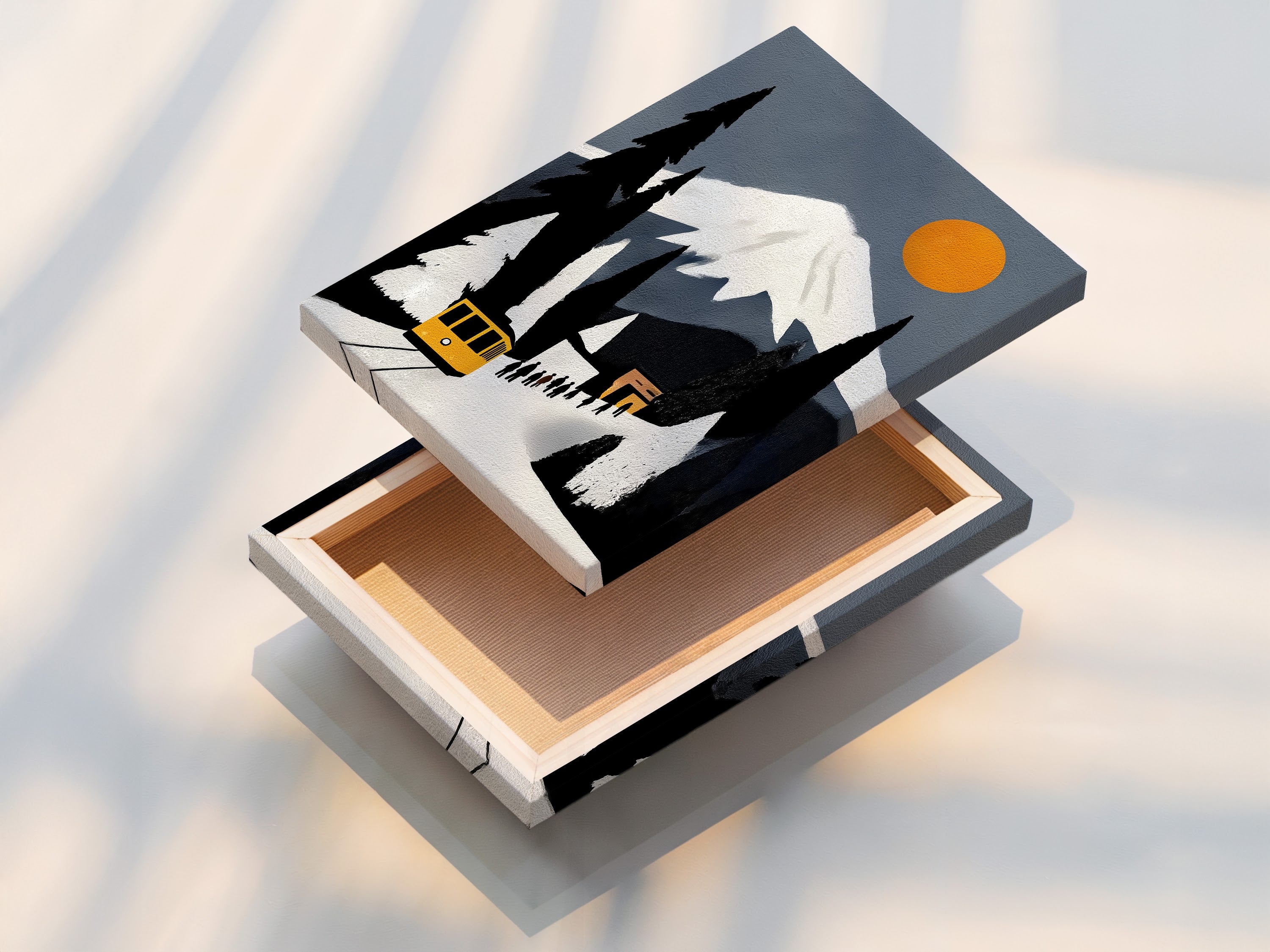 A stretched canvas print of the Mountain Train artwork is shown. This vintage travel poster art is ready to hang. Alpine railway art adds a touch of retro charm to any room. Ready to display.