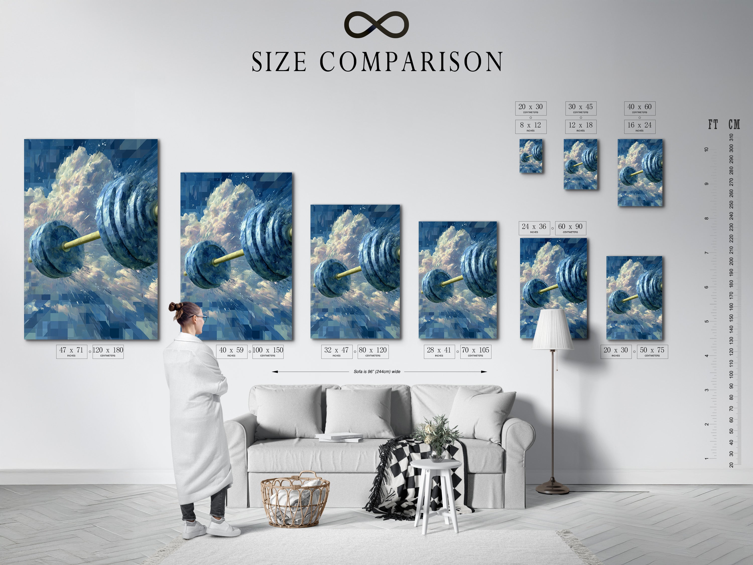 Size comparison chart displayed in an interior setting. See how our fitness canvas art fits perfectly in your home gym. Visualize the impact of this dumbbell art print on your workout space.
