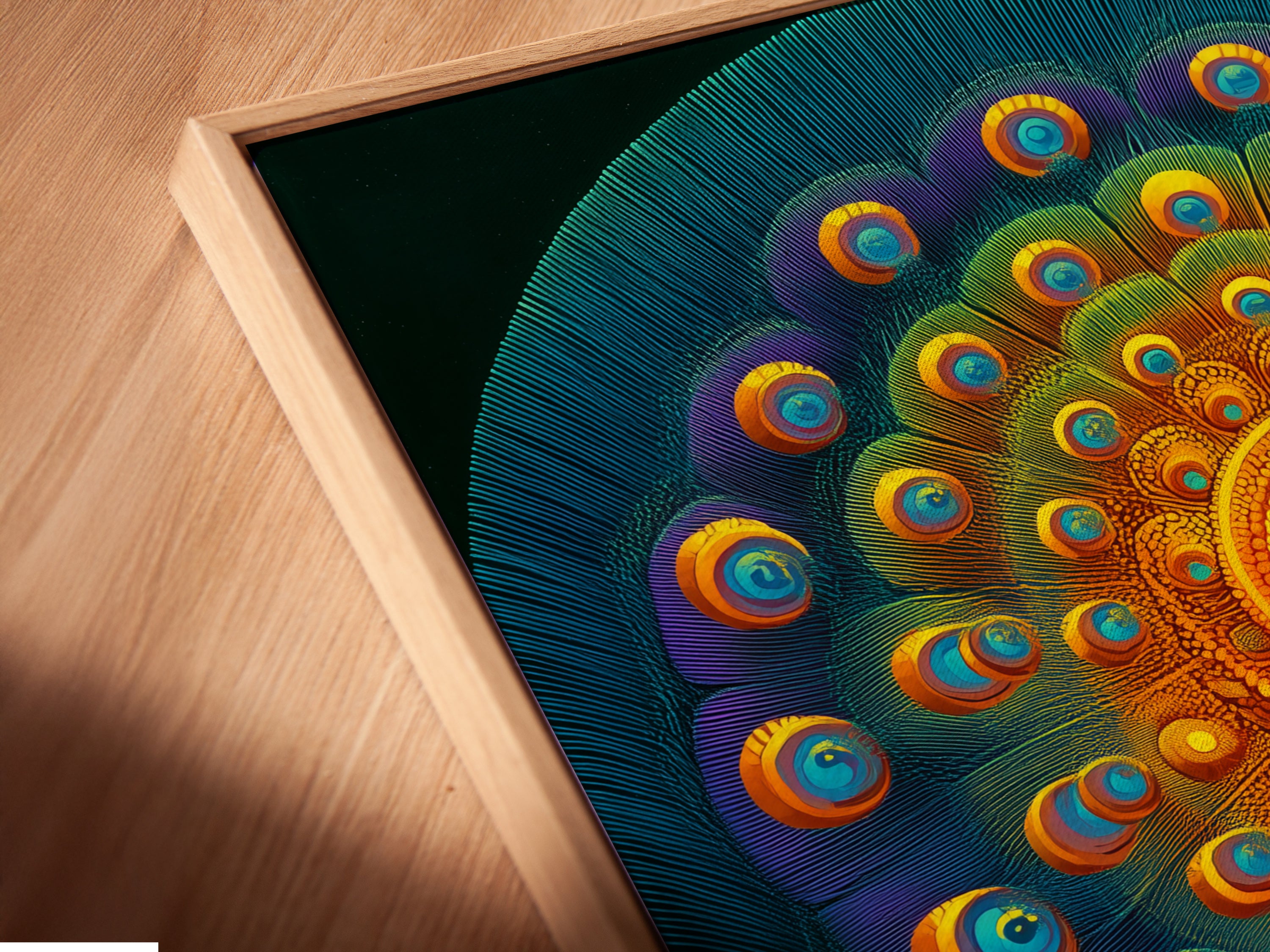 Close-up of a Peacock canvas print in a floating frame. The floating frame gives the artwork a modern and elegant look. This eclectic artwork is perfect for modern spaces. Notice the fine details of the art print. A stylish addition to any room.