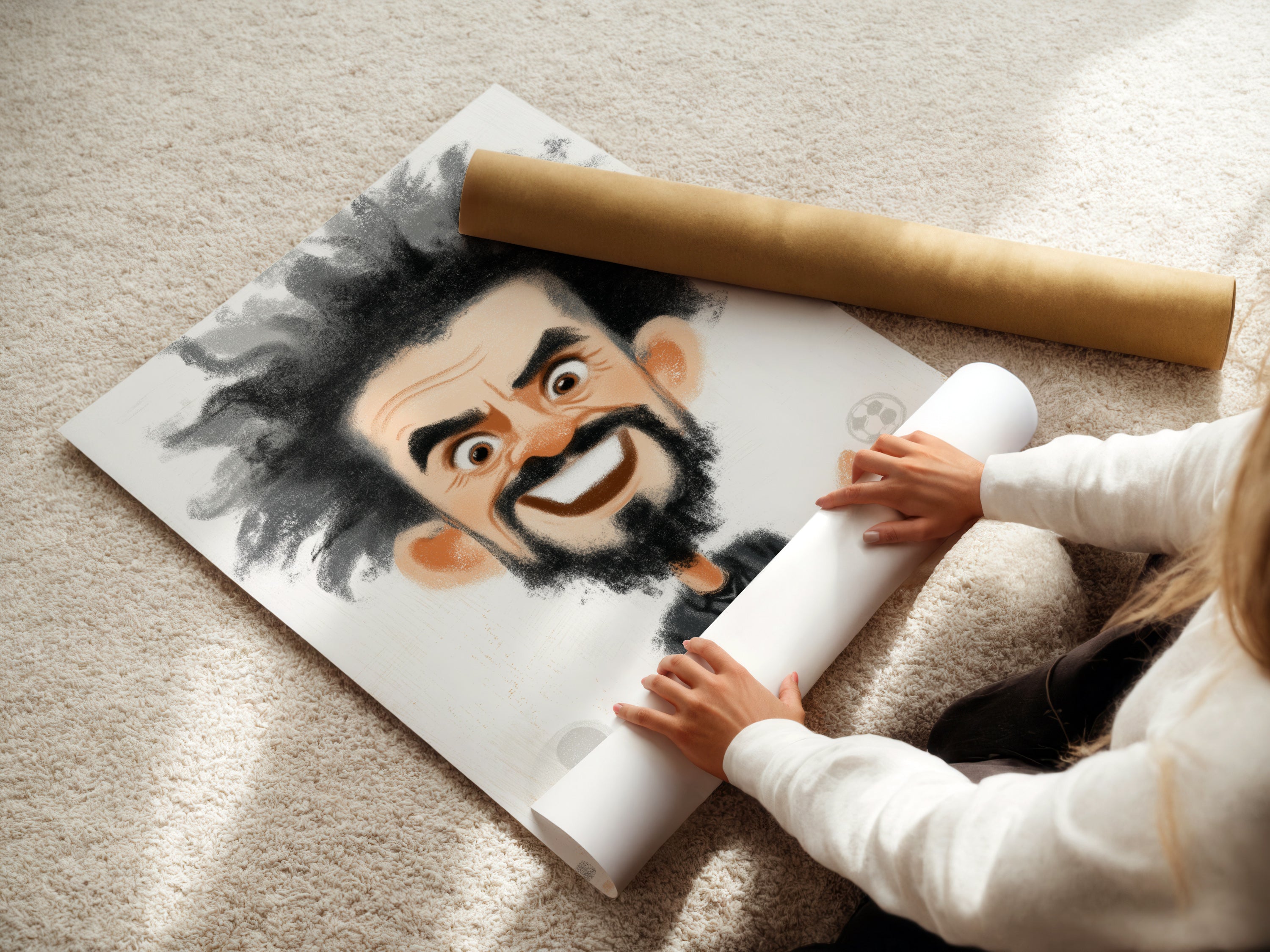 A woman is carefully rolling a fine art poster paper print. She is handling a soccer coach caricature artwork. This cartoon art is a unique sports-themed gift for him. Perfect wall decor for soccer fans.