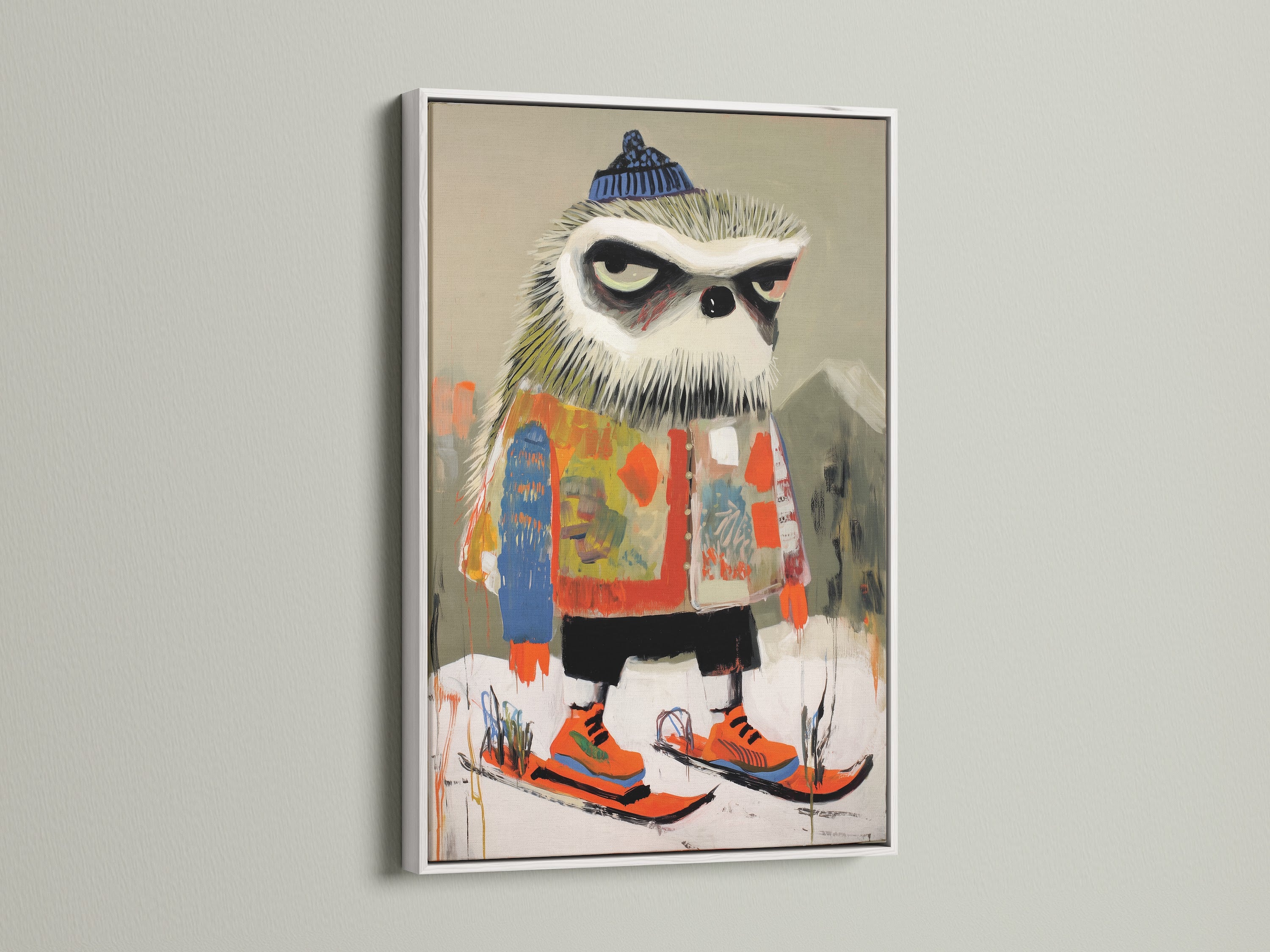 The skiing owl art is showcased in a clean white frame. This whimsical nursery art is perfect for adding color to a kids room. The winter animal print complements modern and Scandinavian decor. This colorful kids decor piece is ideal for playrooms studios and clinics bringing a touch of playful art.