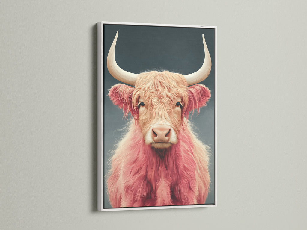 A white frame enhances this pink cow print. The fluffy cattle art is ideal for modern spaces. This animal canvas art brings a touch of the farm to your home. Discover this farmhouse wall art.