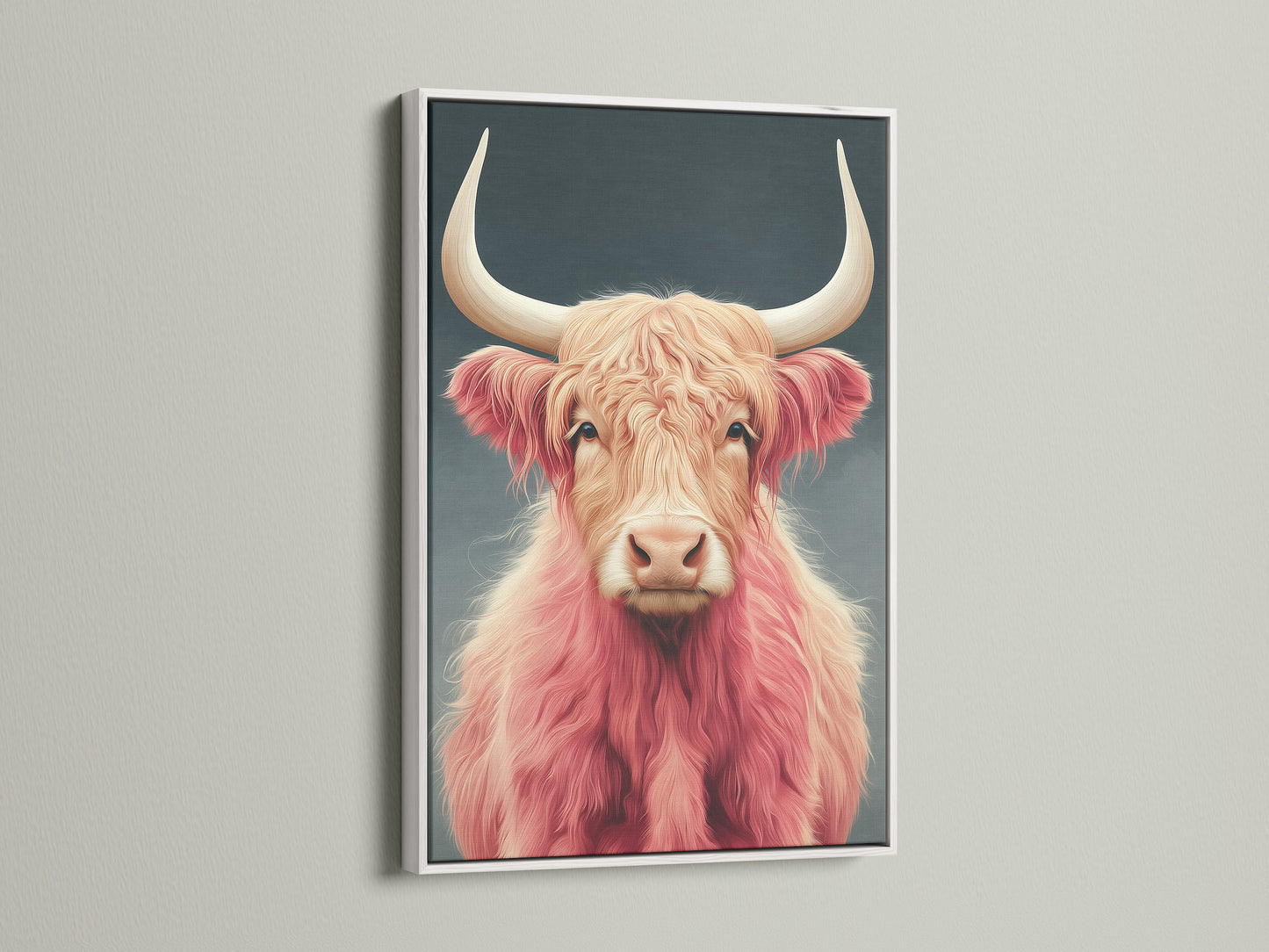 A white frame enhances this pink cow print. The fluffy cattle art is ideal for modern spaces. This animal canvas art brings a touch of the farm to your home. Discover this farmhouse wall art.