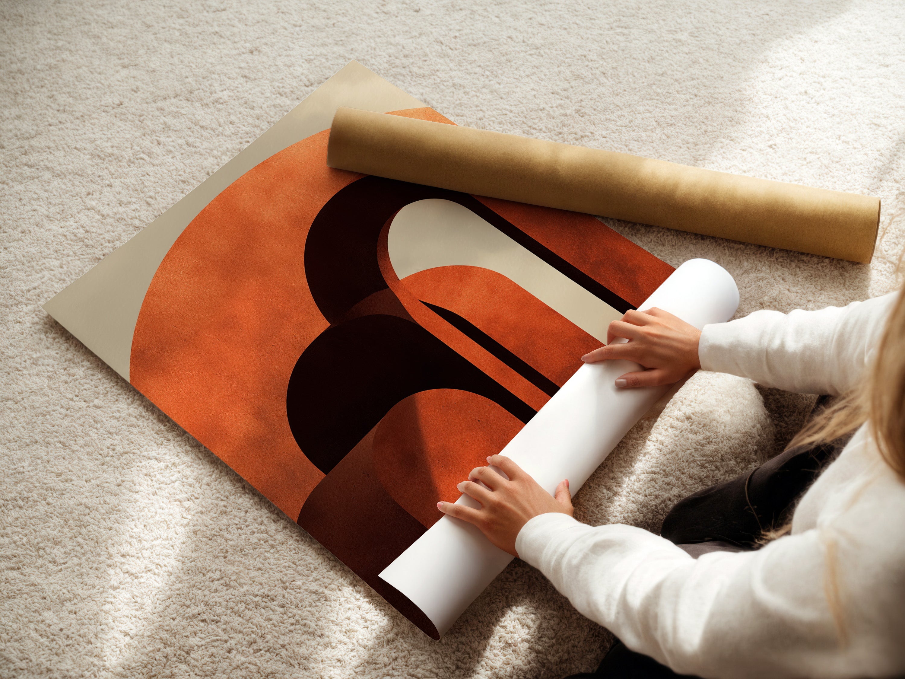 A woman carefully rolls a fine art poster paper. This high-quality paper is ideal for printing detailed artwork. It ensures colors are vibrant and lines are crisp. Perfect for art enthusiasts and professionals.