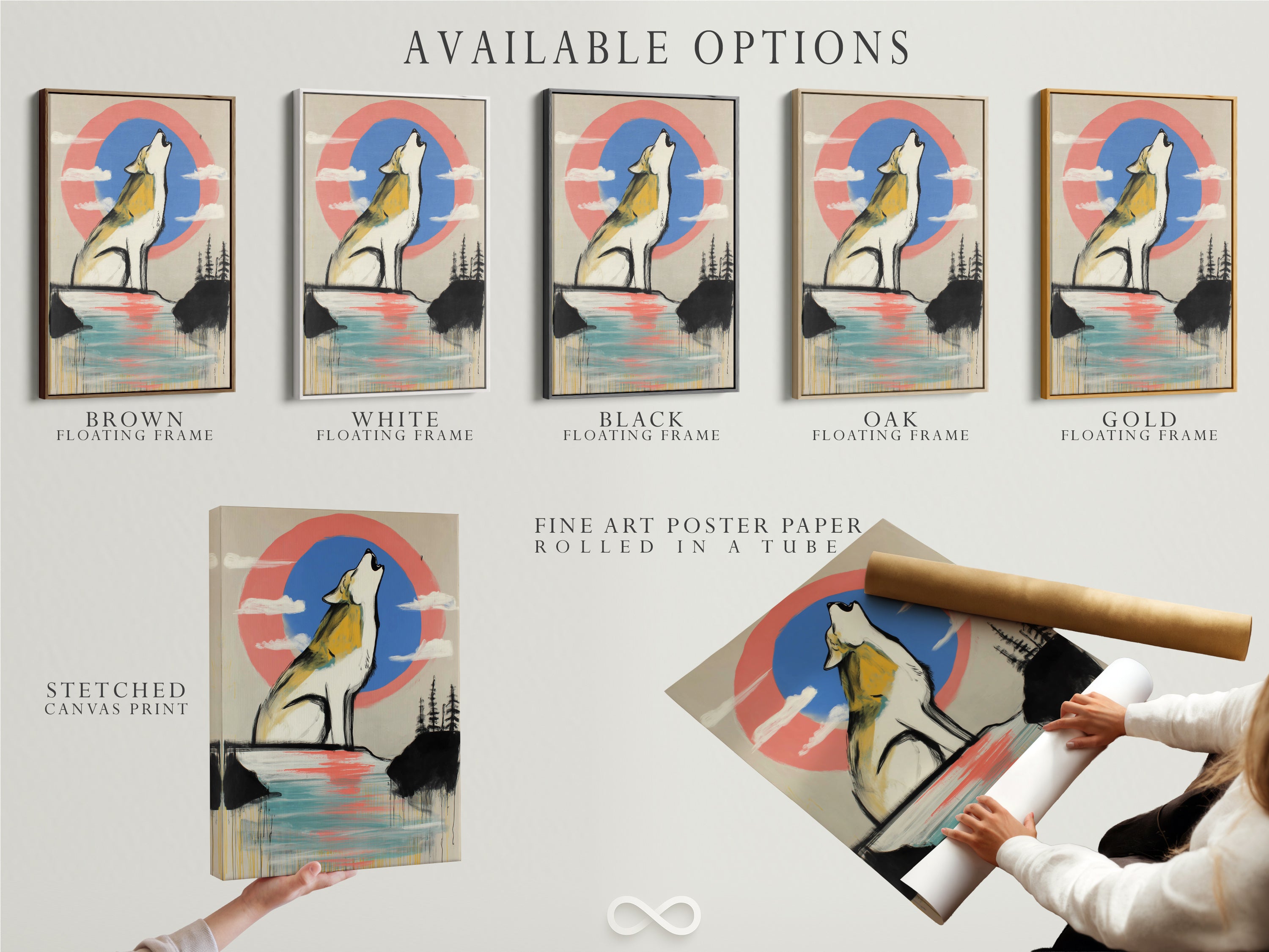 Available options: stretched canvas print fine art poster paper and floating frame. This wolf artwork features a howling wolf against a modern abstract coral blue sky. Choose the perfect format for your style and space. Enhance your home with personalized wildlife art.