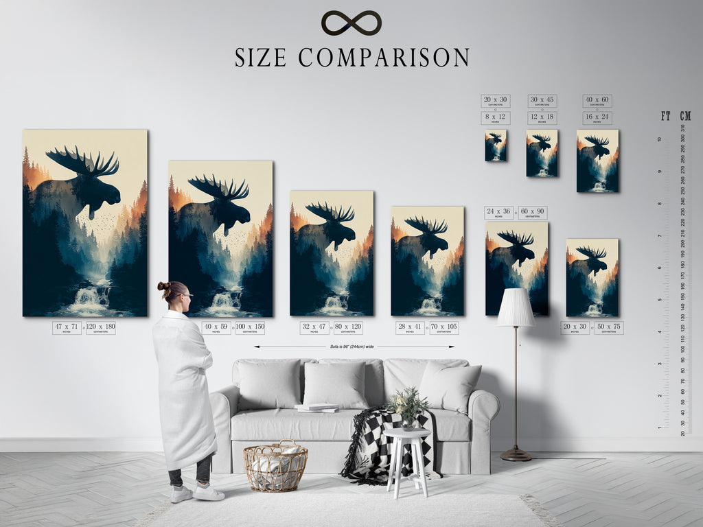 A size comparison chart is shown in an interior setting. See how different sizes of artwork look in a room. Use our chart to choose the perfect size for your space. Visualize your art before you buy with our size guide.