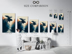 A size comparison chart is shown in an interior setting. See how different sizes of artwork look in a room. Use our chart to choose the perfect size for your space. Visualize your art before you buy with our size guide.