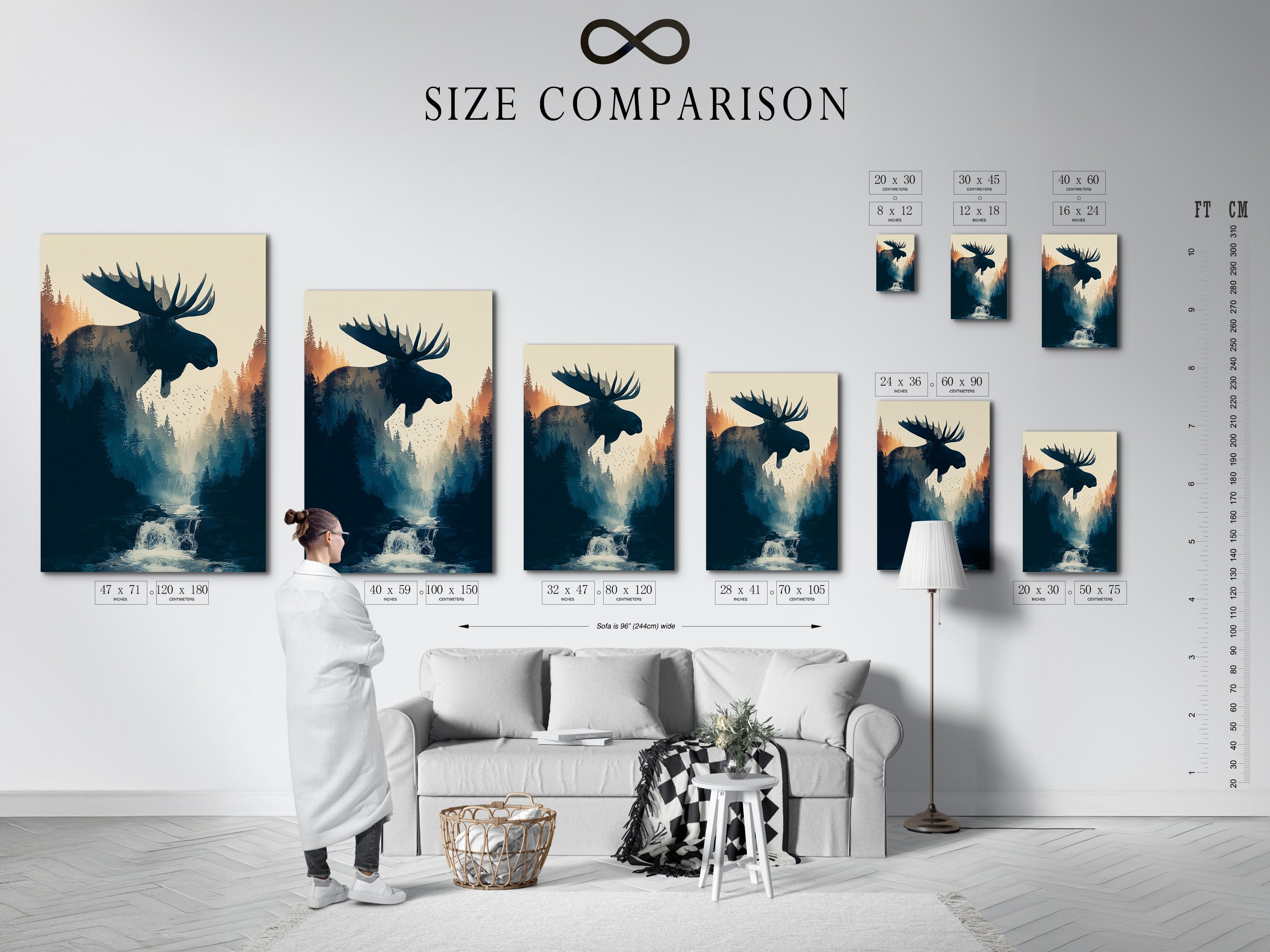 A size comparison chart is shown in an interior setting. See how different sizes of artwork look in a room. Use our chart to choose the perfect size for your space. Visualize your art before you buy with our size guide.