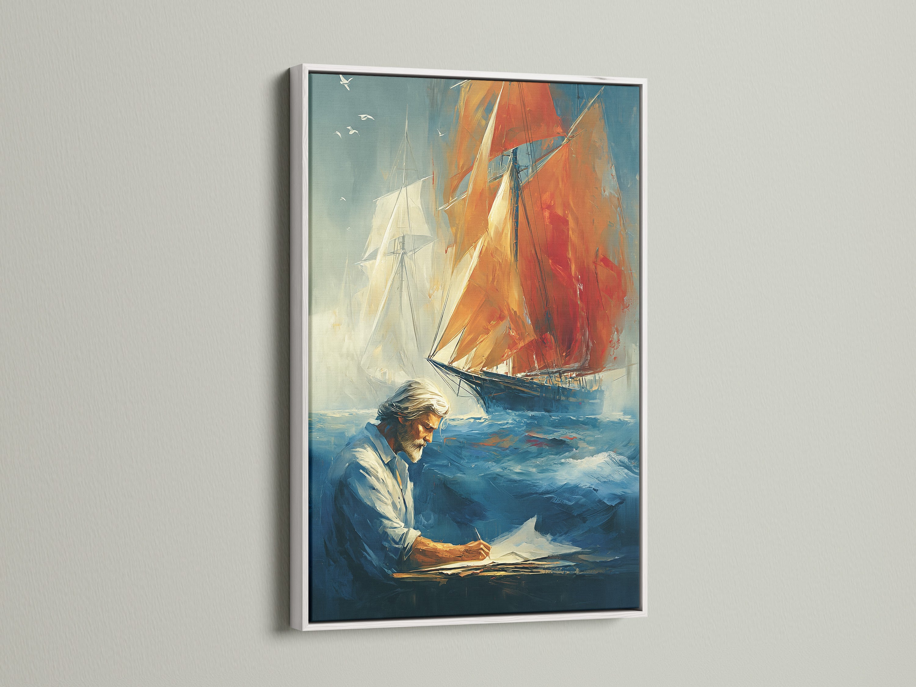 Nautical sailing art print in a white frame. The vintage maritime wall art showcases a captain and sailboat. This canvas is perfect for study room decor. Bring a coastal vibe to your space with this beautiful art. It is ideal for coastal and traditional styles.