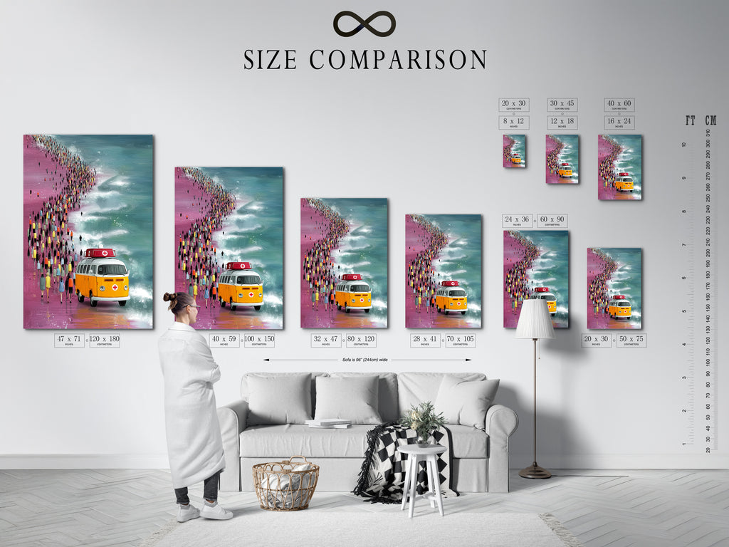 Size comparison chart in an interior setting. The chart shows various sizes of a Vintage VW Bus artwork. The artwork features an orange Volkswagen van on a beach with a crowd of people. Find the perfect size for your beach themed decor.