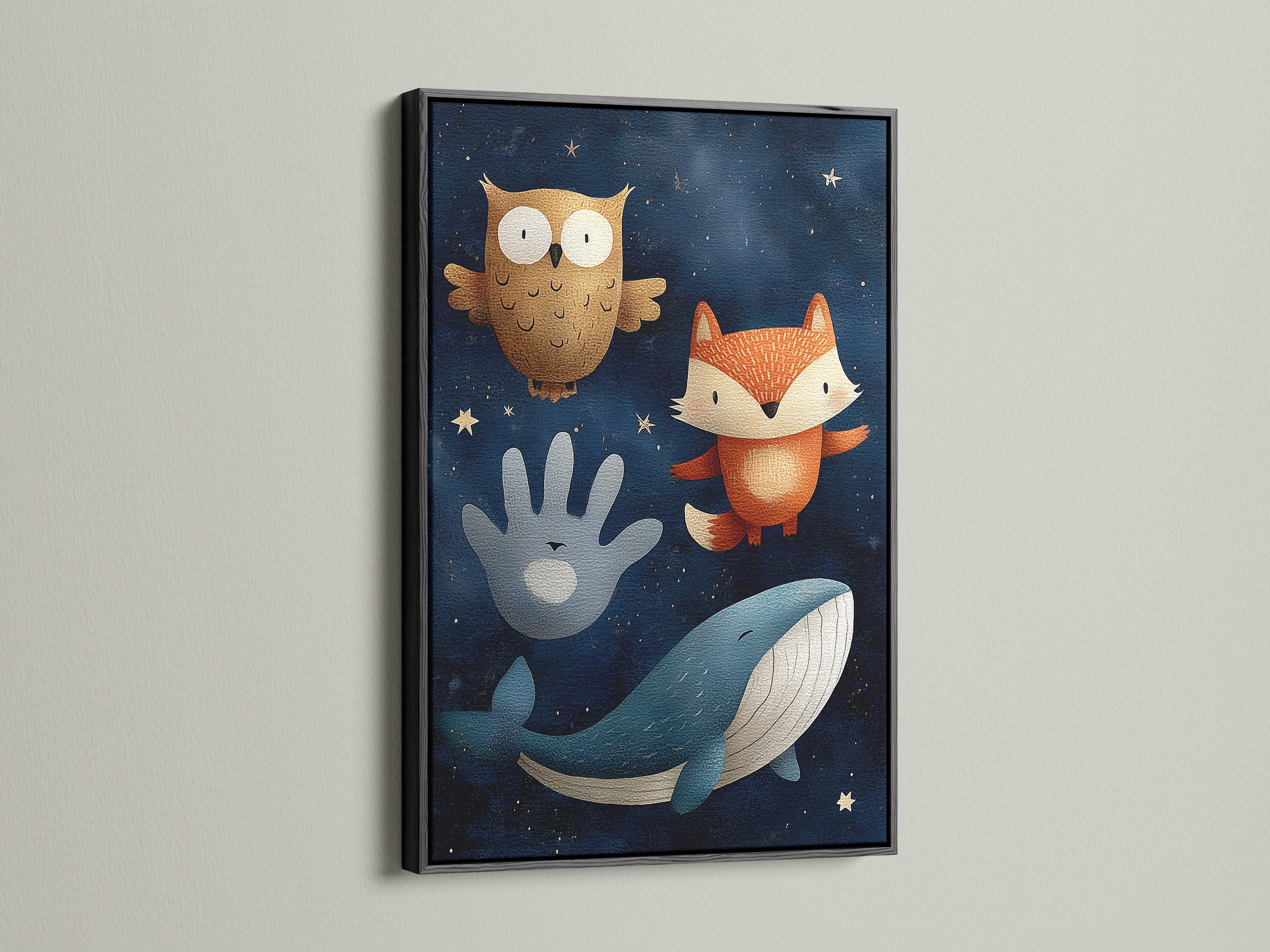 This wall art is framed in a sleek black frame. The art includes an owl a fox a hand and a whale. The artwork is set against a dark blue starry background. A black frame adds sophistication to any artwork.