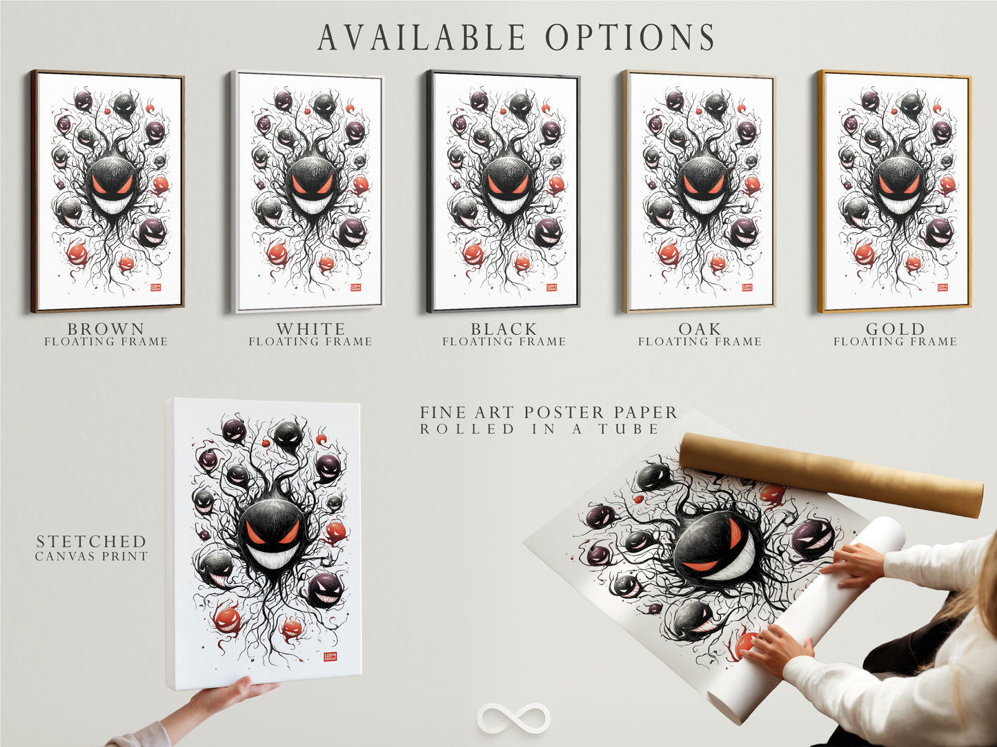 Explore available artwork options. Choose from a stretched canvas print fine art poster paper or a floating frame. Each option enhances the ghostly haunter artwork. Find the perfect medium for your spooky anime art.