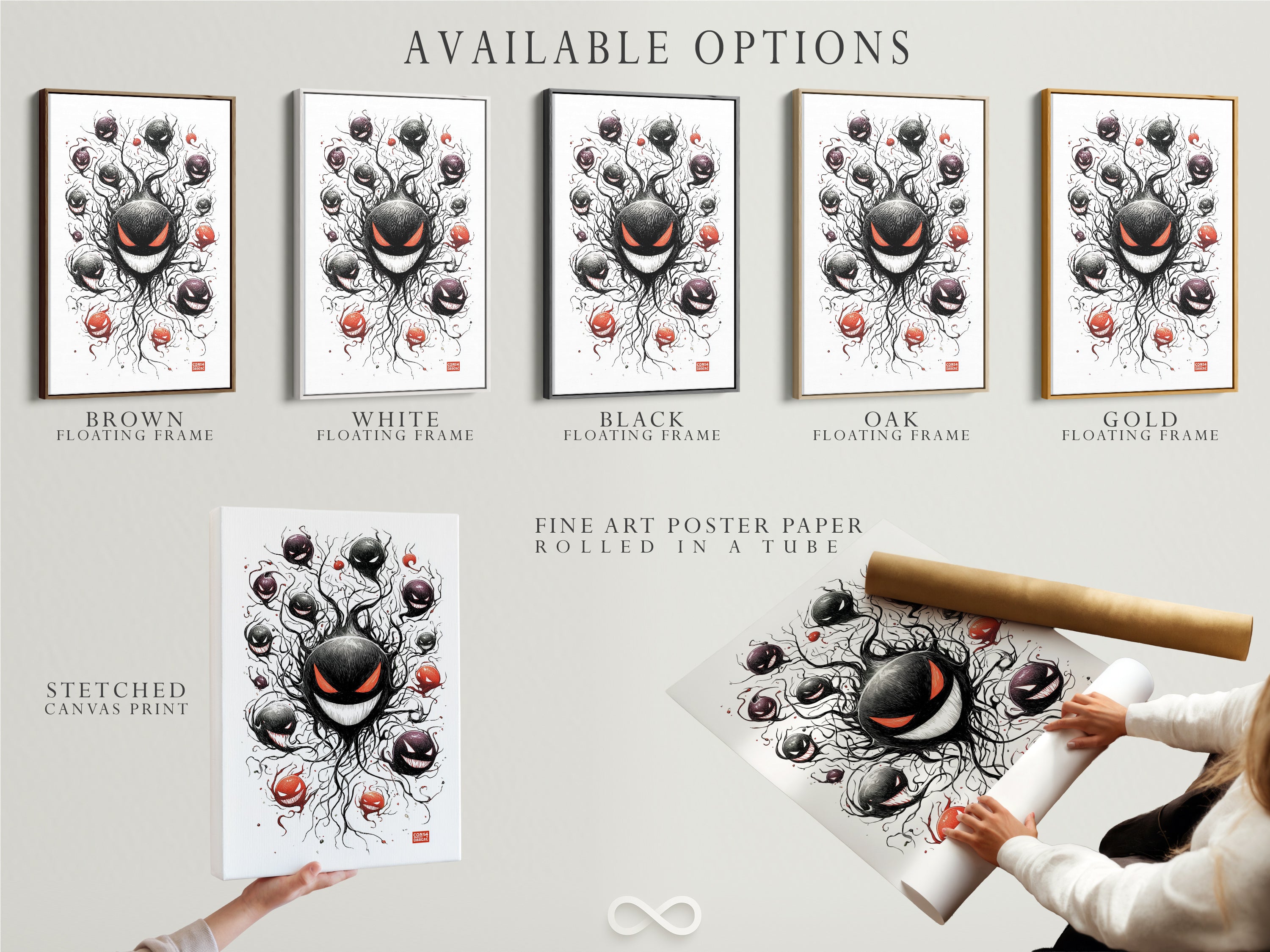 Available options are displayed. Choose between a stretched canvas print a fine art poster paper or a floating frame. These ghostly spirits options suit any style. Enhance your Halloween decor or find the perfect gamer gift with whimsical art.