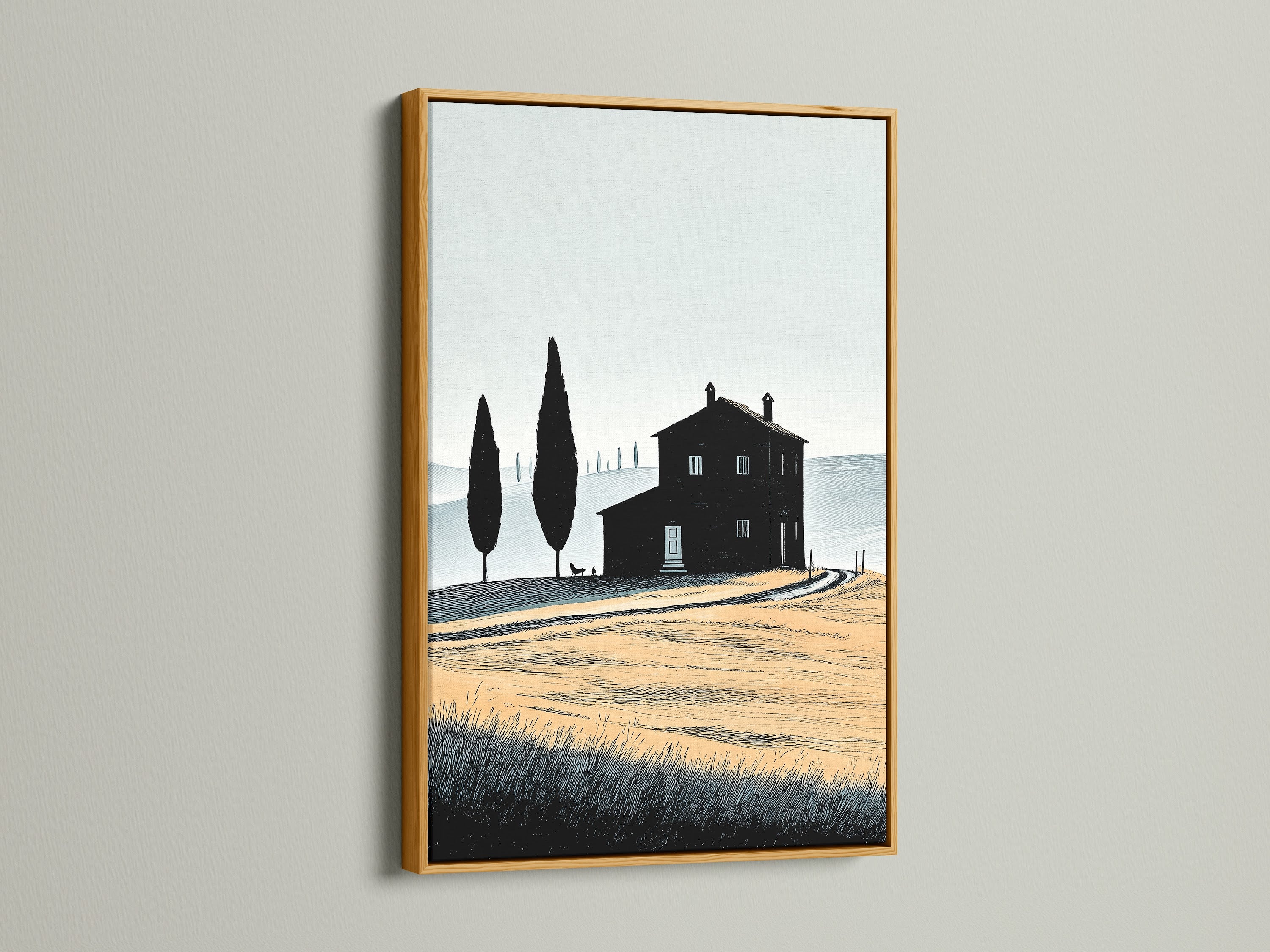 Tuscan Farmhouse artwork with a gold frame. This elegant frame enhances the vintage charm of the Italian countryside. Perfect for adding a touch of rustic art to your country home decor.